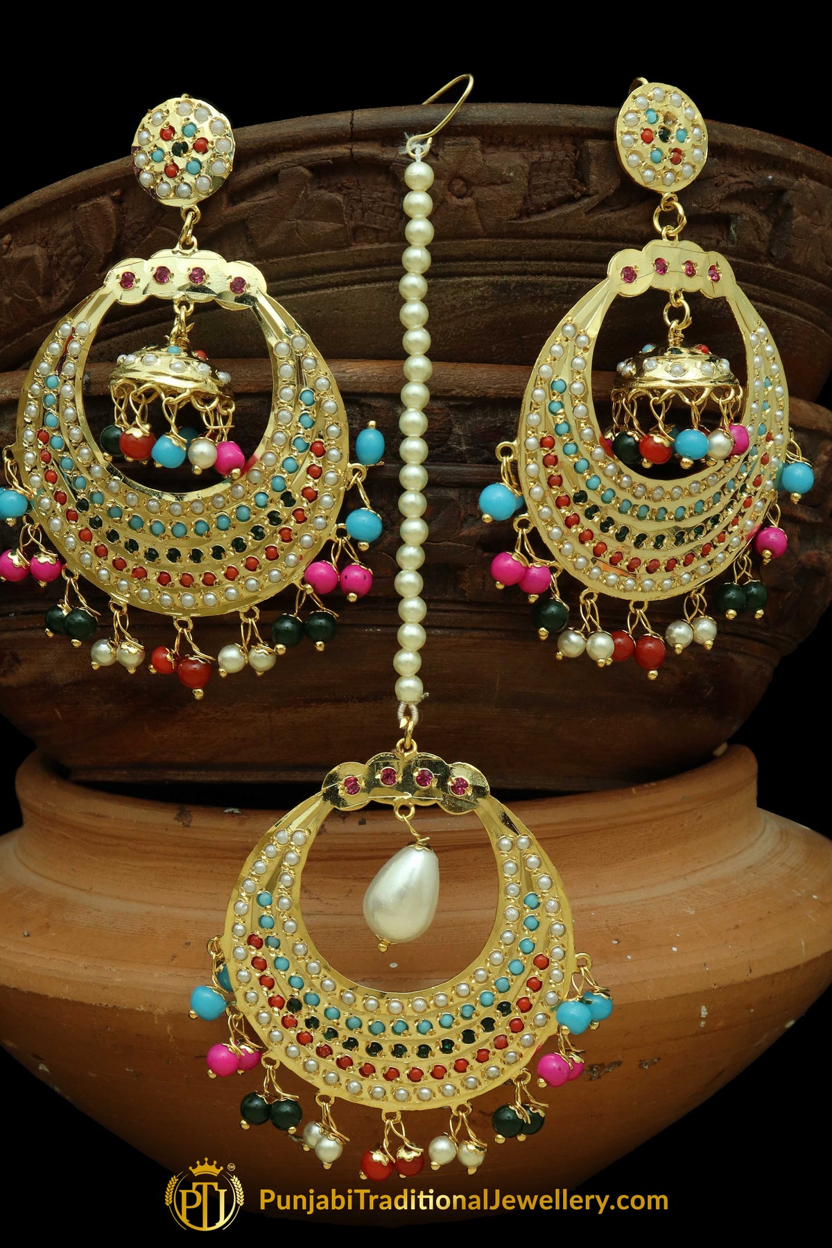 Multi Jadau Pearl Earring Tikka Set By Punjabi Traditional Jewellery