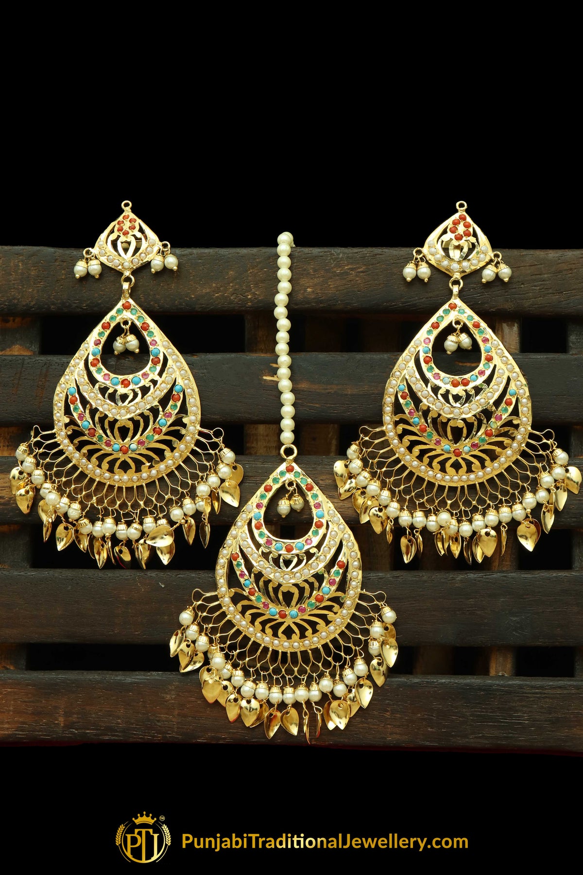 Gold Finished Navratan Jadau Pippal Patti Earring Tikka Set By Punjabi Traditional Jewellery