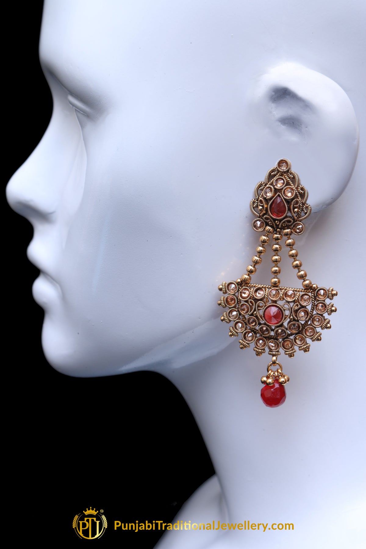 Red Champagne Stone Earring Tikka Set By Punjabi Traditional Jewellery