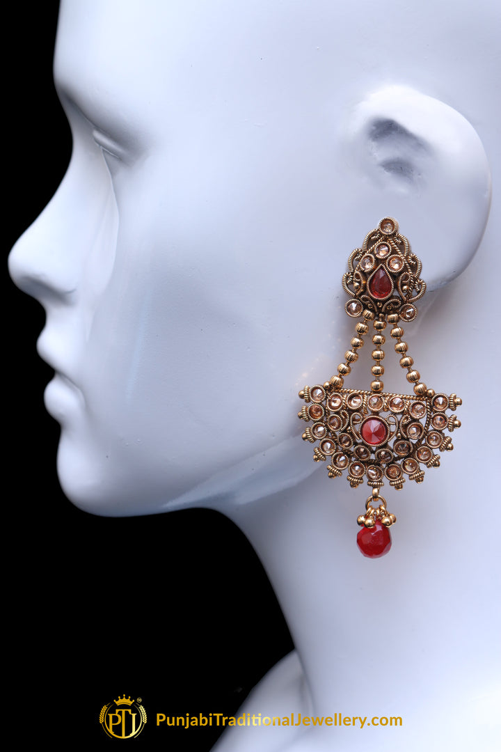Red Champagne Stone Earring Tikka Set By Punjabi Traditional Jewellery