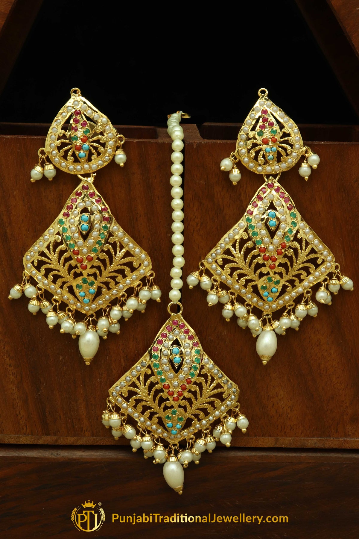Gold Finished Navratan Jadau Earring Tikka Set By Punjabi Traditional Jewellery