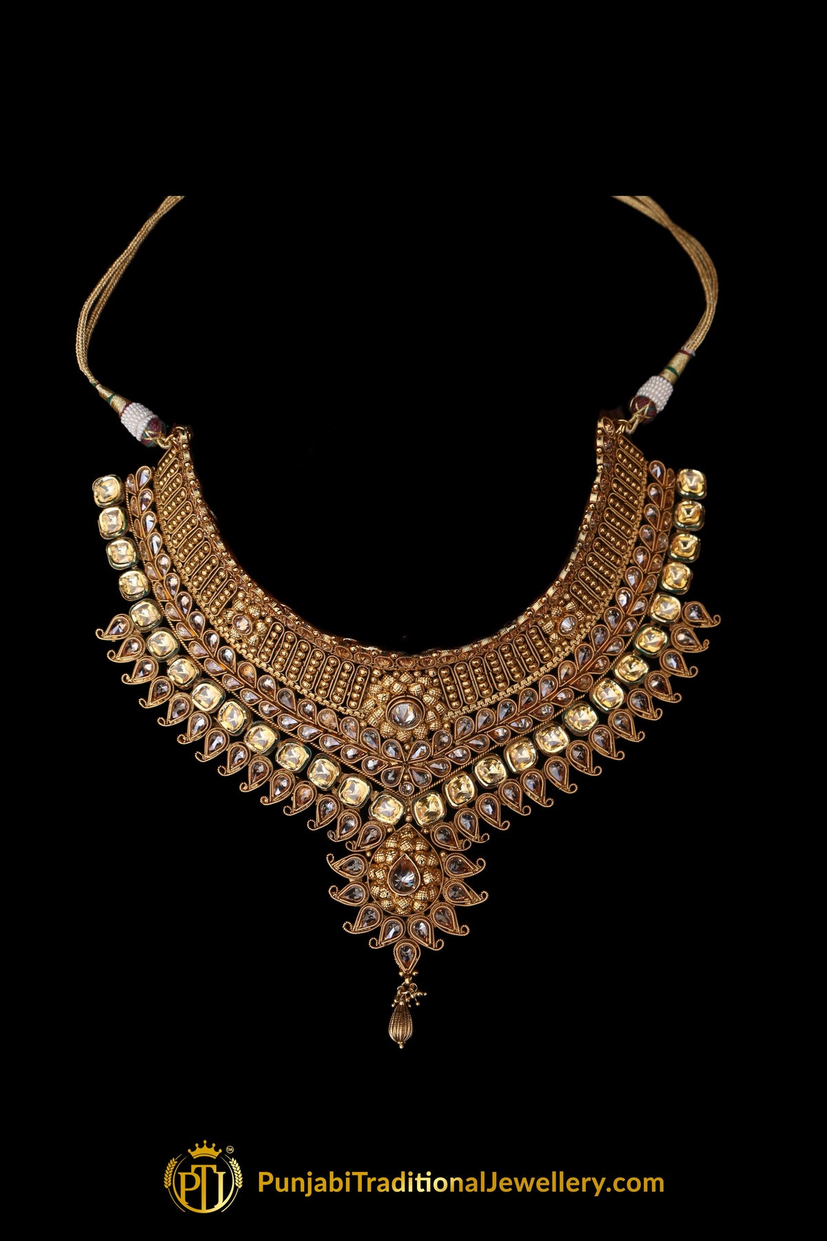 Antique Gold Choker Polki/Kundan Necklace Set By Punjabi Traditional Jewellery