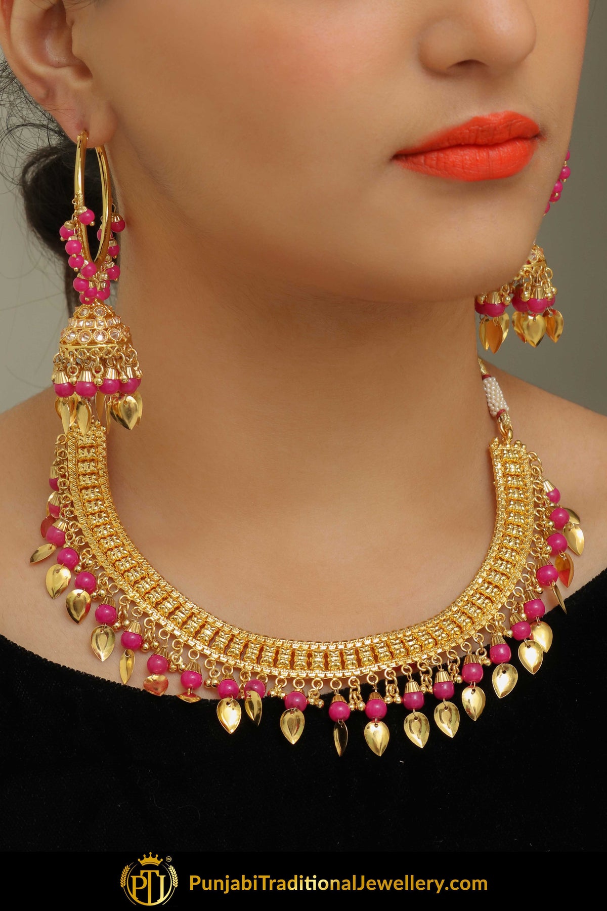Inan Pink Pippal Patti Necklace & Earrings | Punjabi Giddha Jewellery | Punjabi Traditional Jewellery Exclusive