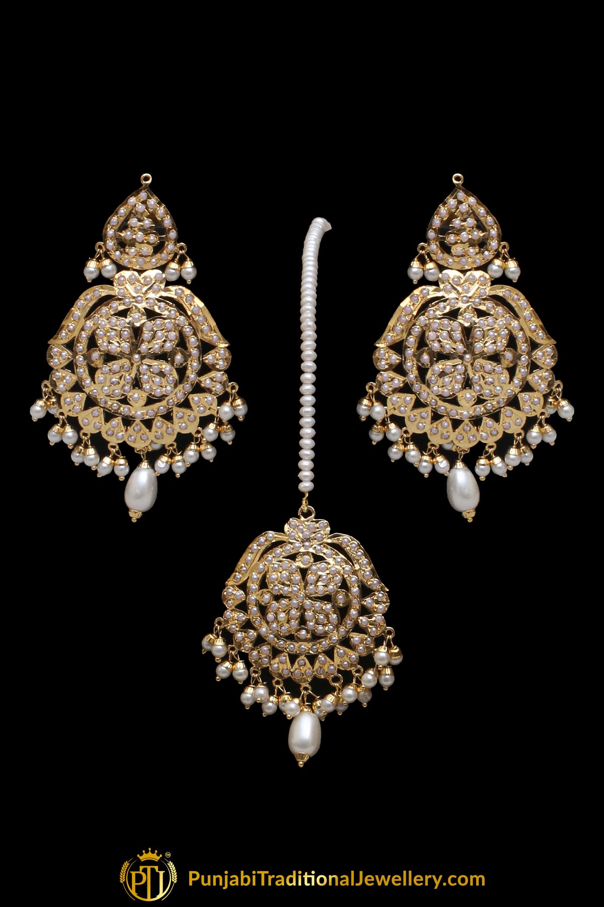 White Jadau Pearl Necklace Set By Punjabi Taditional Jewellery