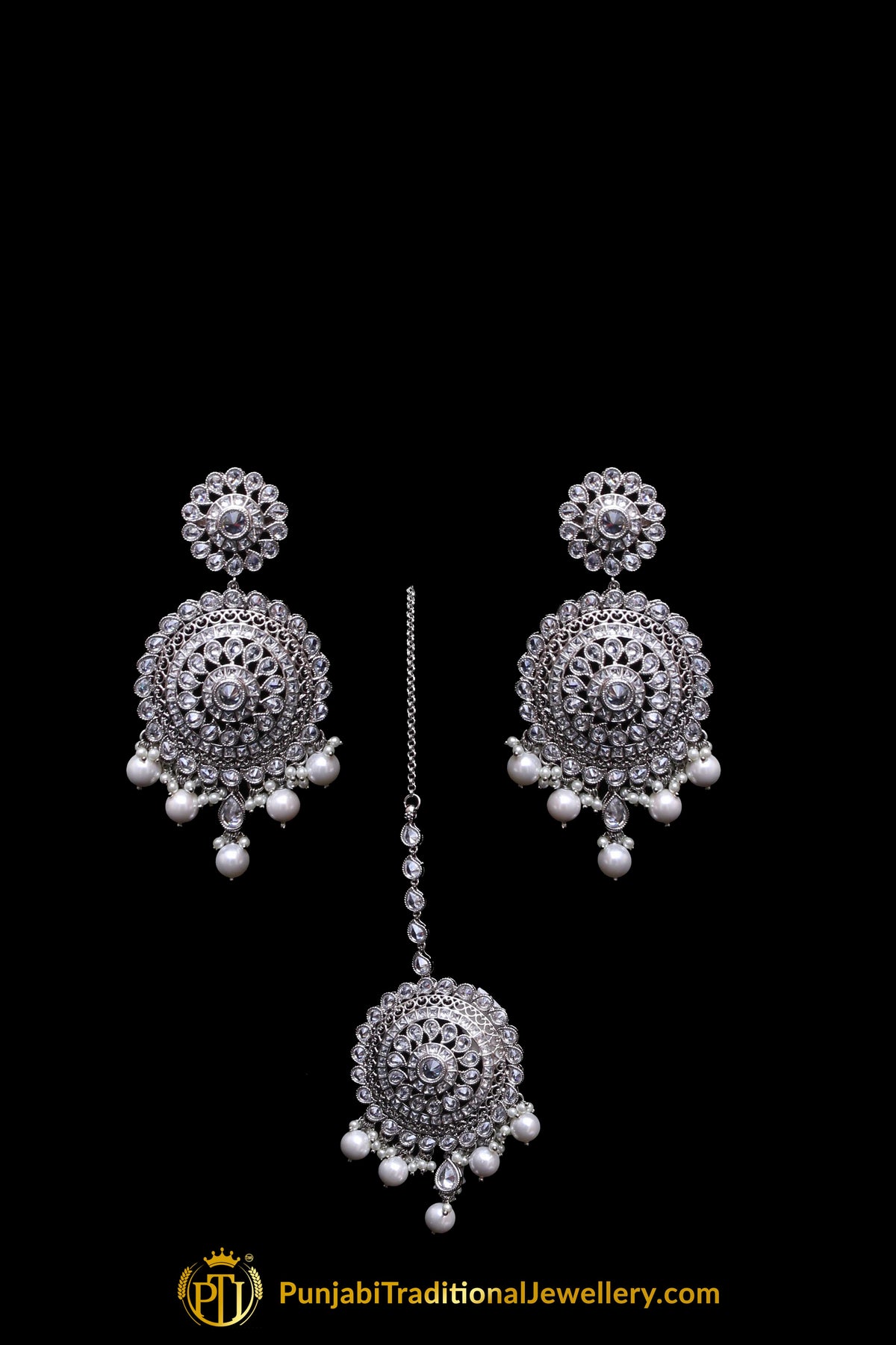 Silver Polki Pearl Necklace Set By Punjabi Traditional Jewellery