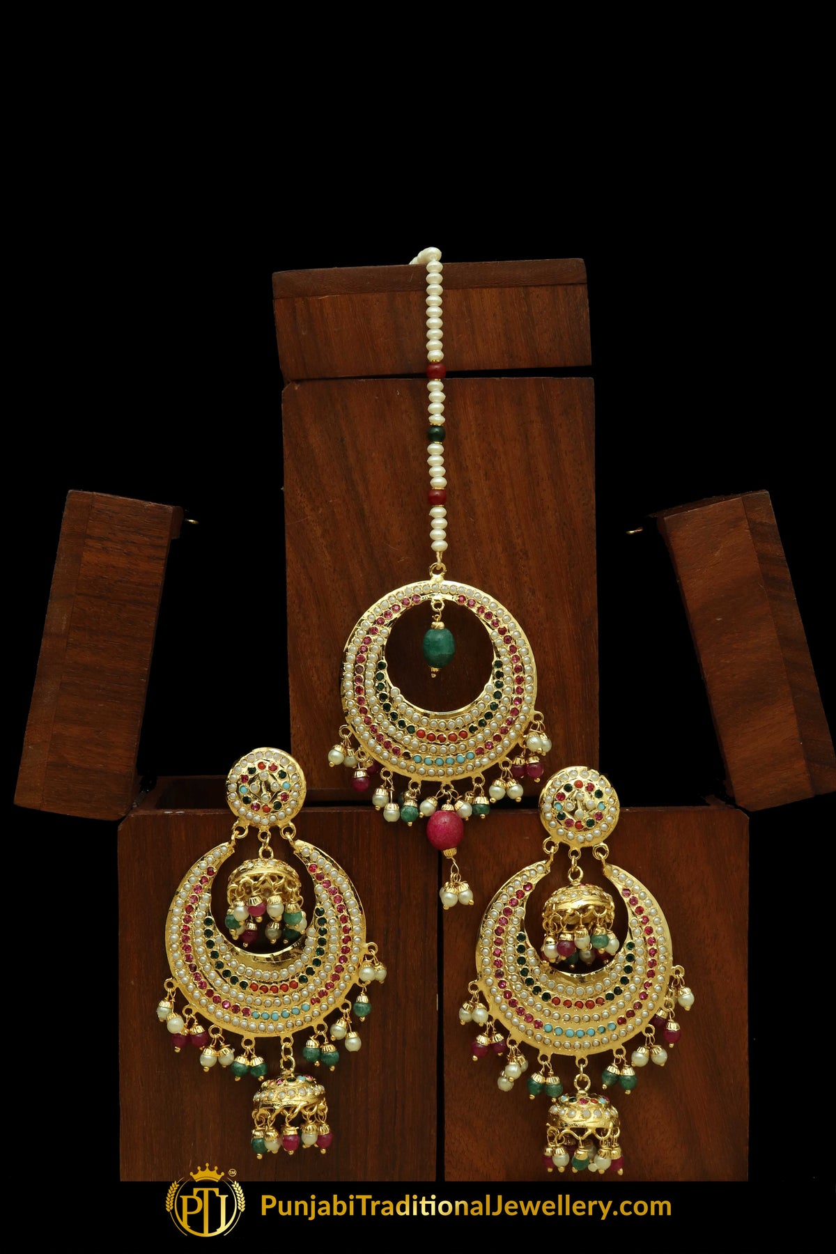 Multi Jadau Pearl Earring Tikka Set By Punjabi Traditional Jewellery