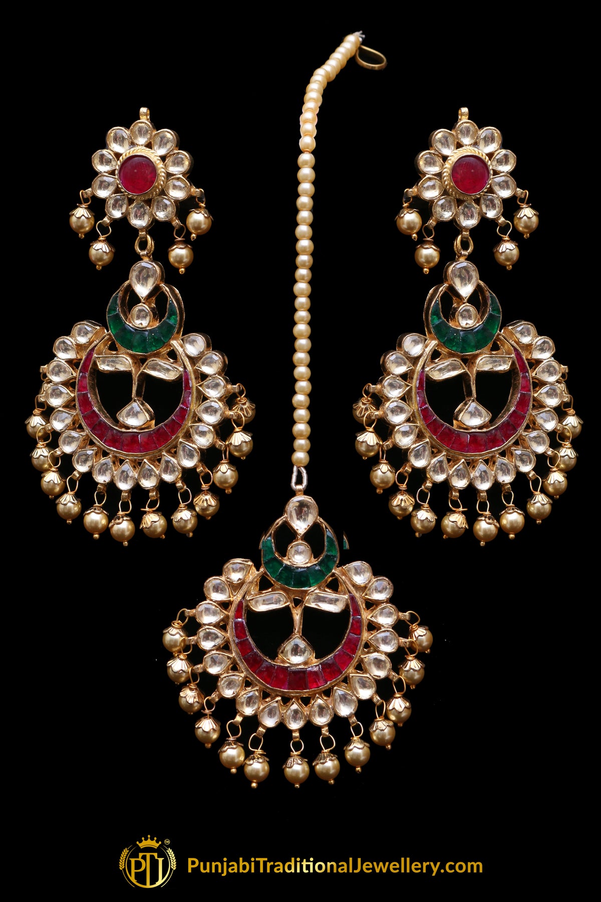 Rubby Panna Kundan Pearl Earring Tikka Set By Punjabi Traditional Jewellery