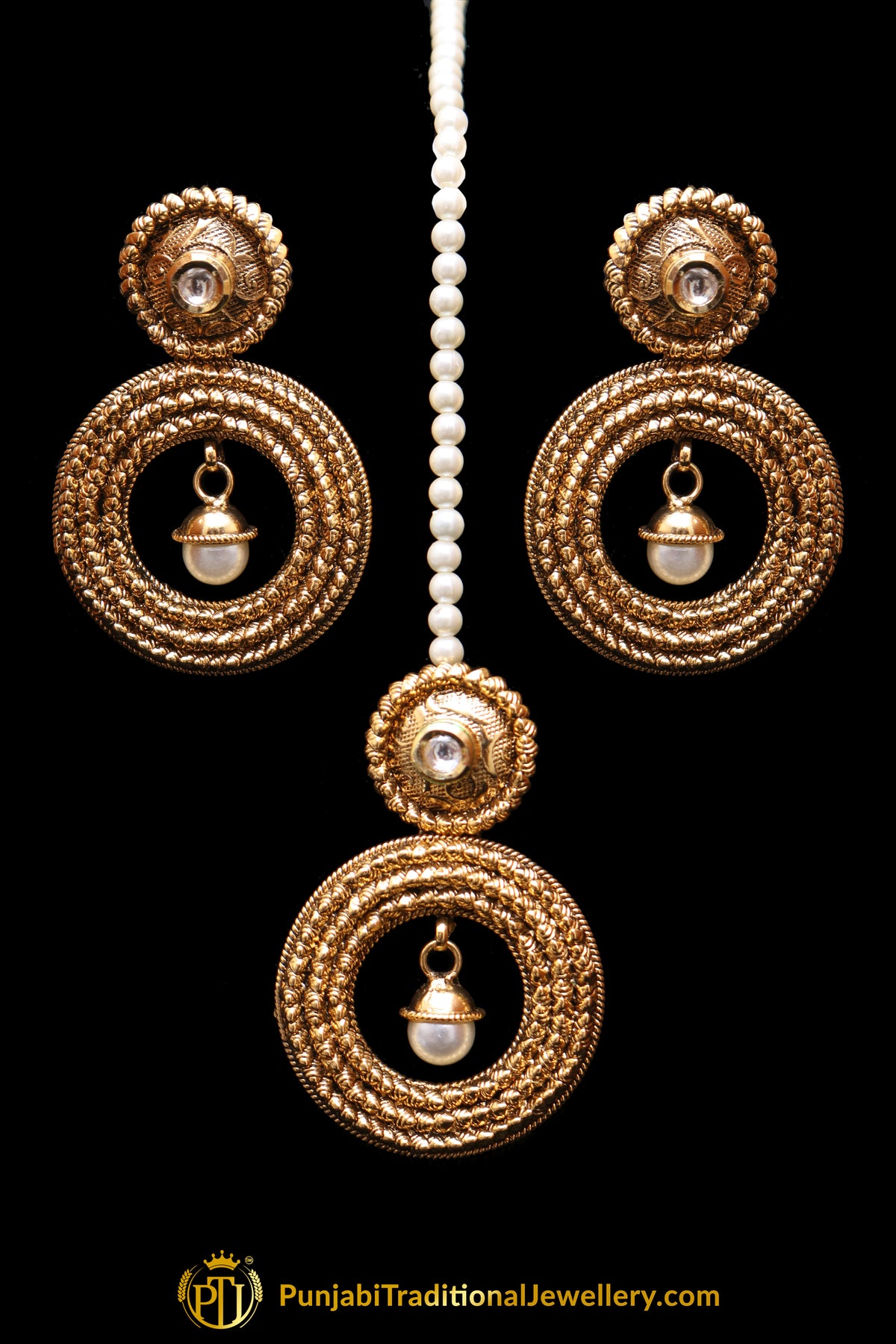 White Antique Gold Earring Tikka Set By Punjabi Traditional Jewellery