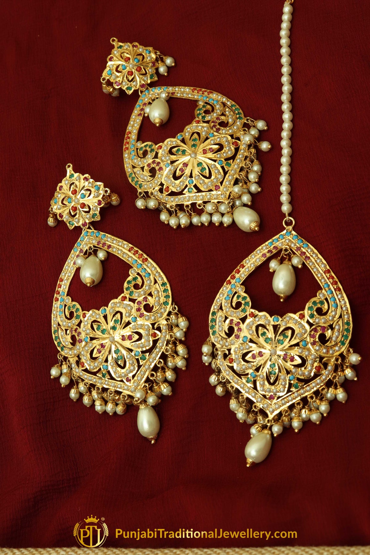 Multi Jadau Pearl Earring Tikka Set By Punjabi Traditional Jewellery