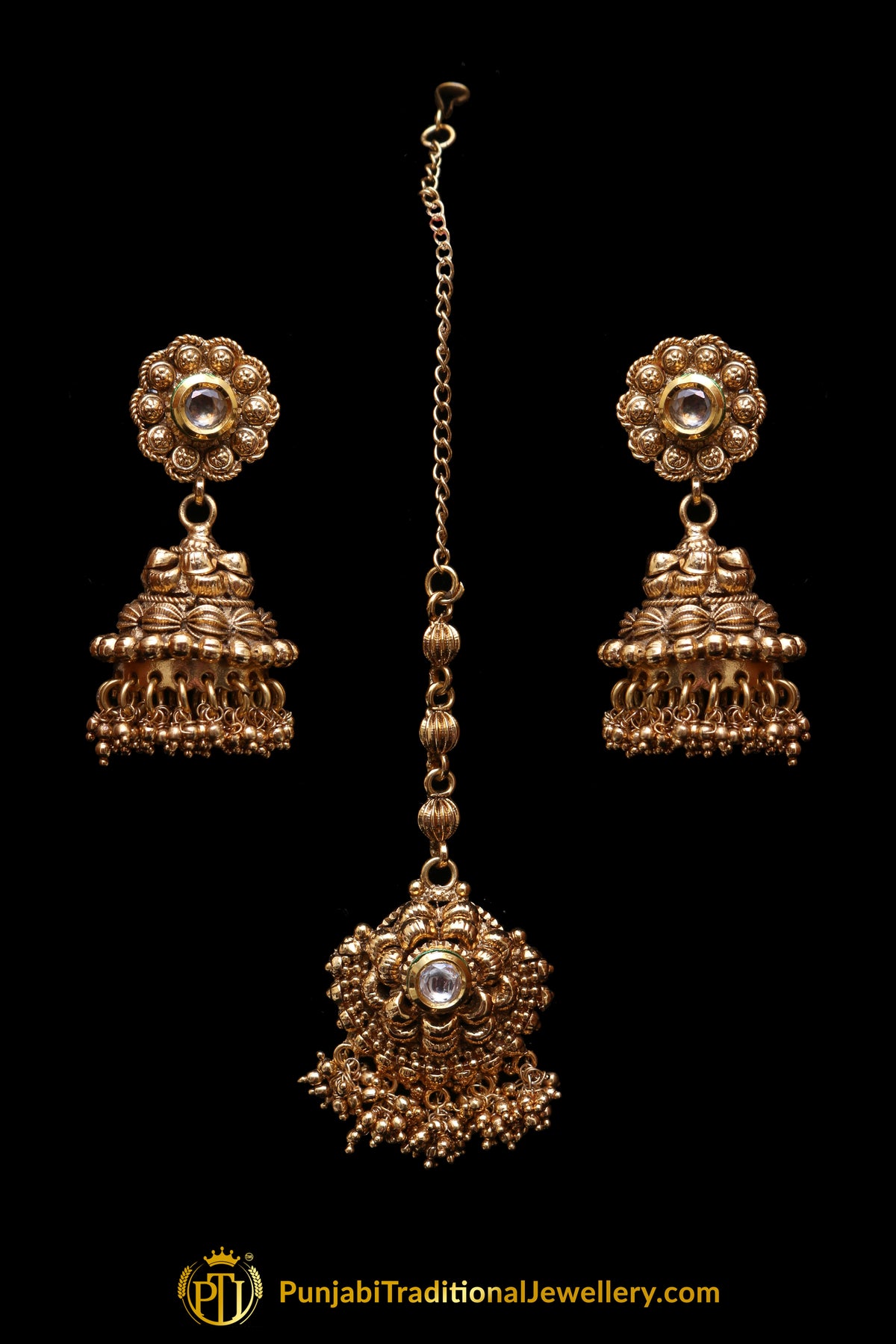 Golden Antique Stone Earring Tikka Set By Punjabi Traditional Jewellery