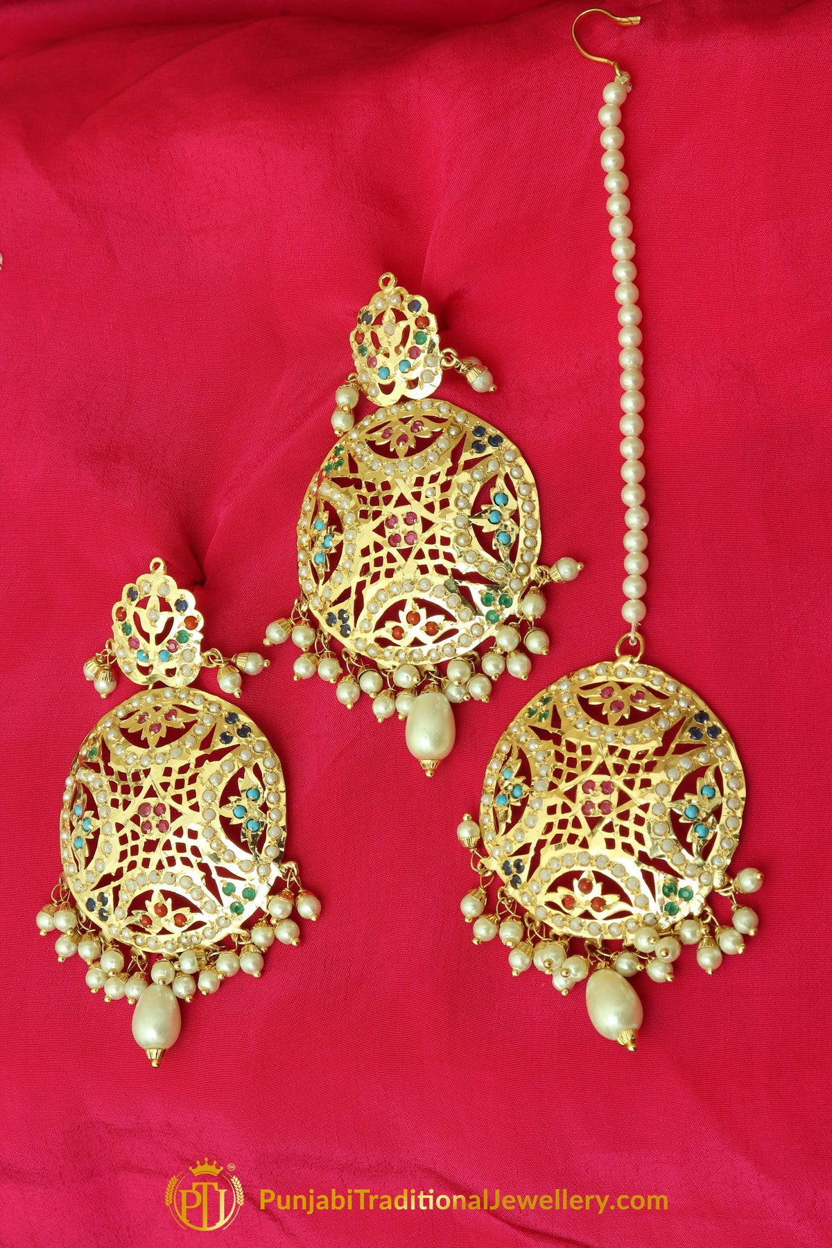 Multi Jadau Pearl Earring Tikka Set By Punjabi Traditional Jewellery
