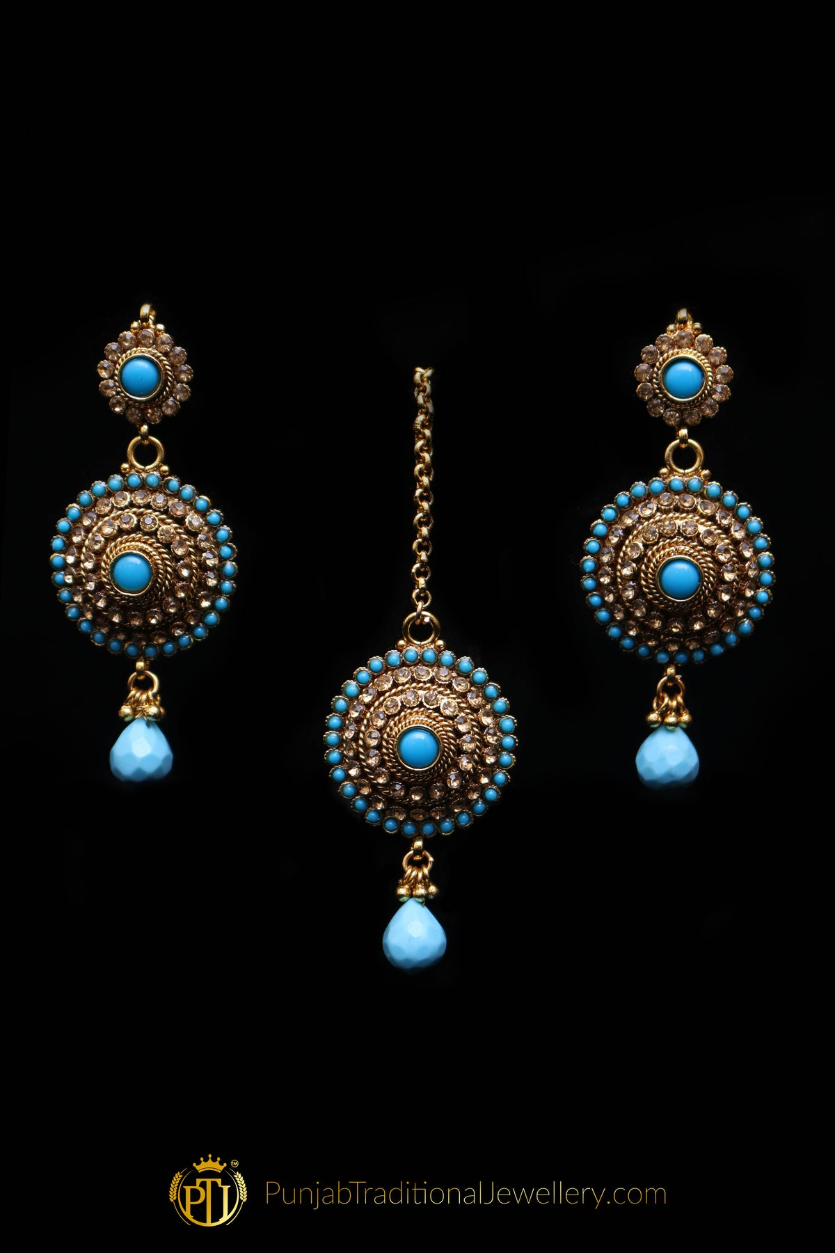 Gold Plated Firozi Champagne Stone Choker Necklace Set By Punjabi Traditional Jewellery