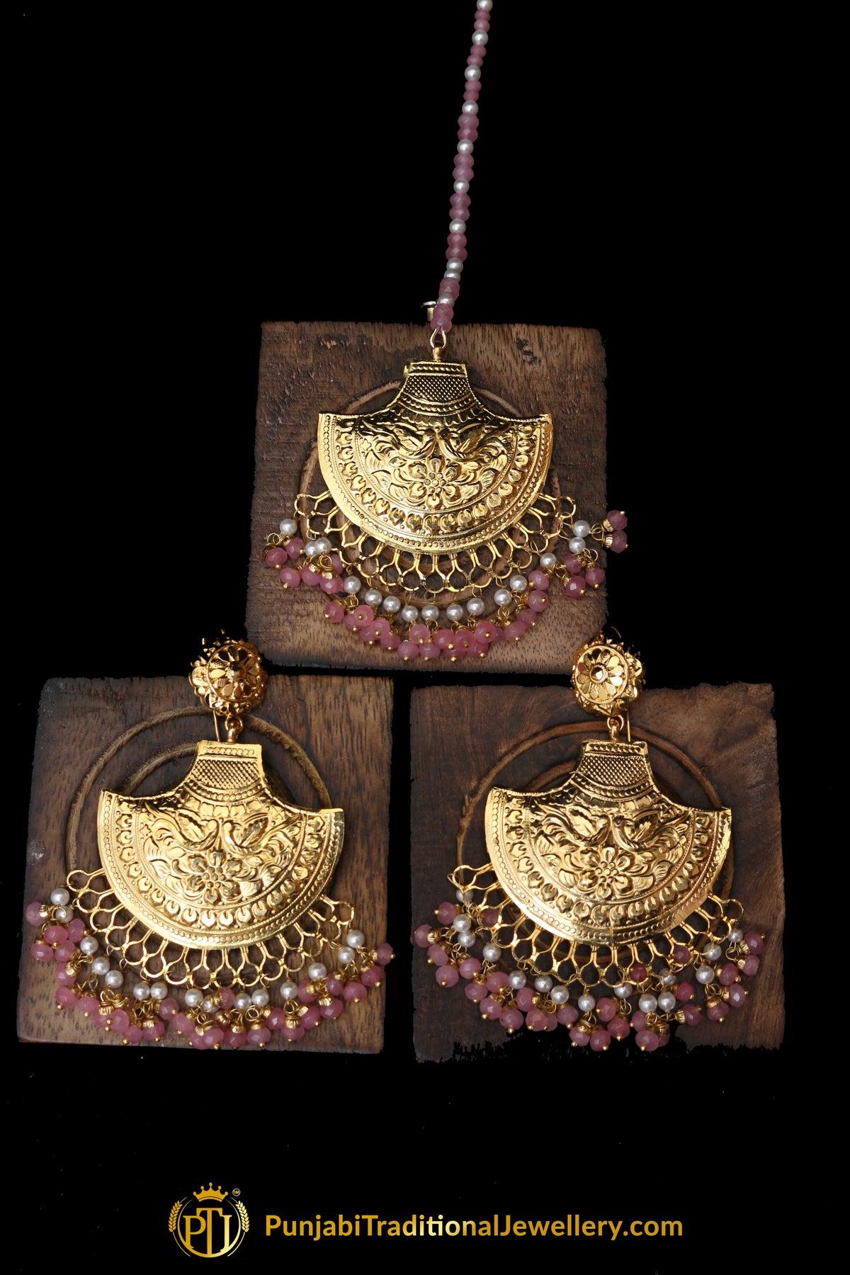 Pink Earring Tikka Set By Punjabi Traditional Jewellery