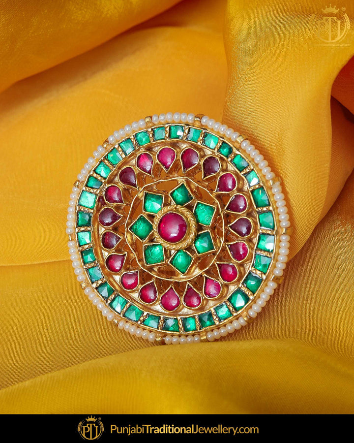 Gold Finished Rubby Panna Kundan Ring | Punjabi Traditional Jewellery Exclusive