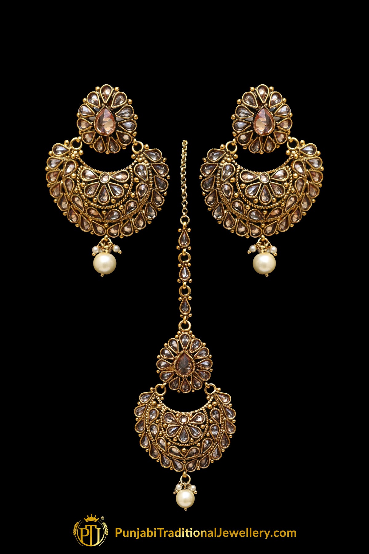 Champagne Stone Pearl Earring Tikka Set By Punjabi Traditional Jewellery