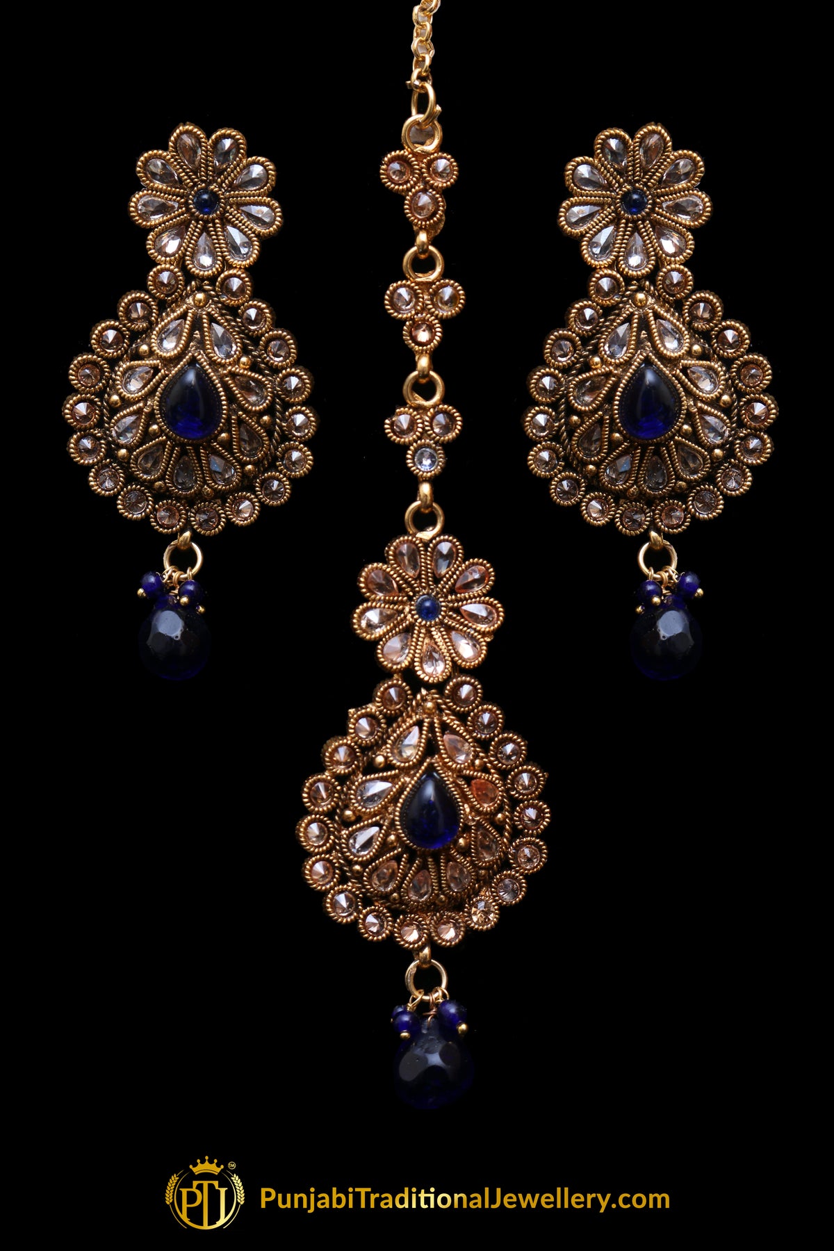 Blue Polki Earring Tikka Set By Punjabi Traditional Jewellery