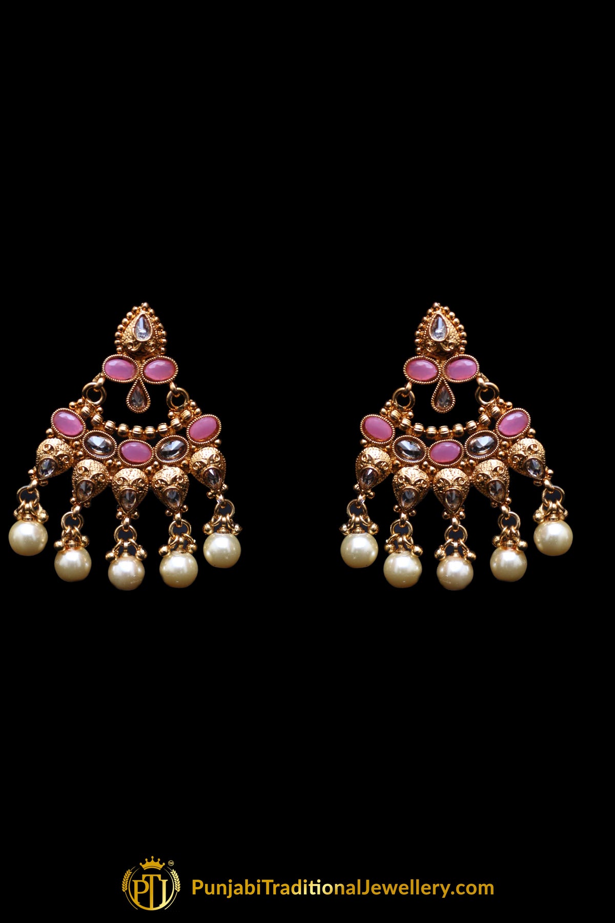 Pink White Pearl Polki Necklace Set By Punjabi Taditional Jewellery