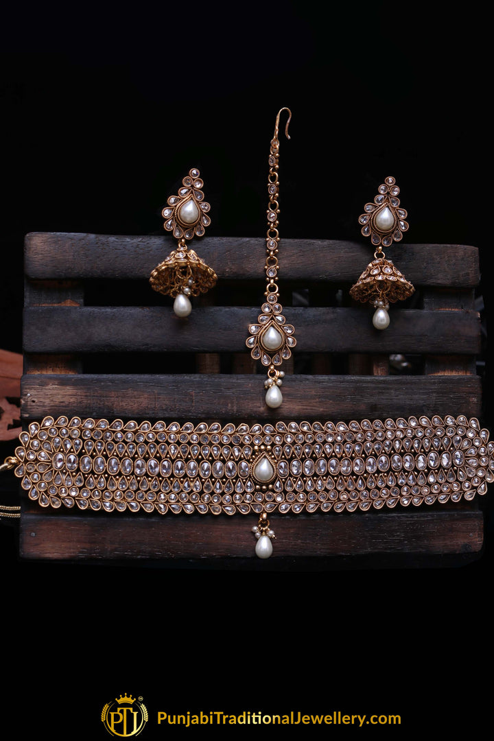 Qasid Polki Choker Necklace Set By Punjabi Traditional Jewellery