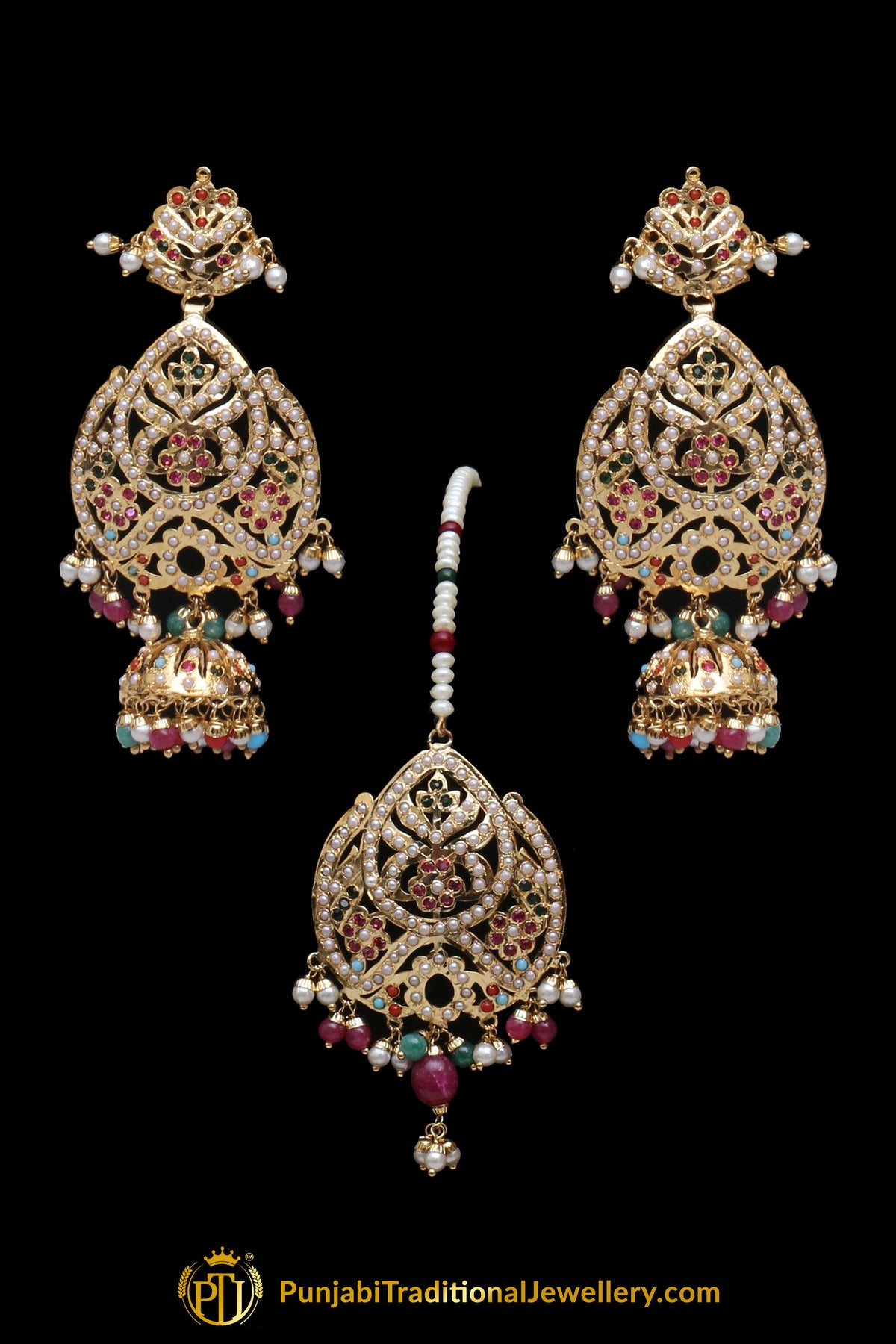Multi Jadau Pearl Necklace Set By Punjabi Traditional Jewellery