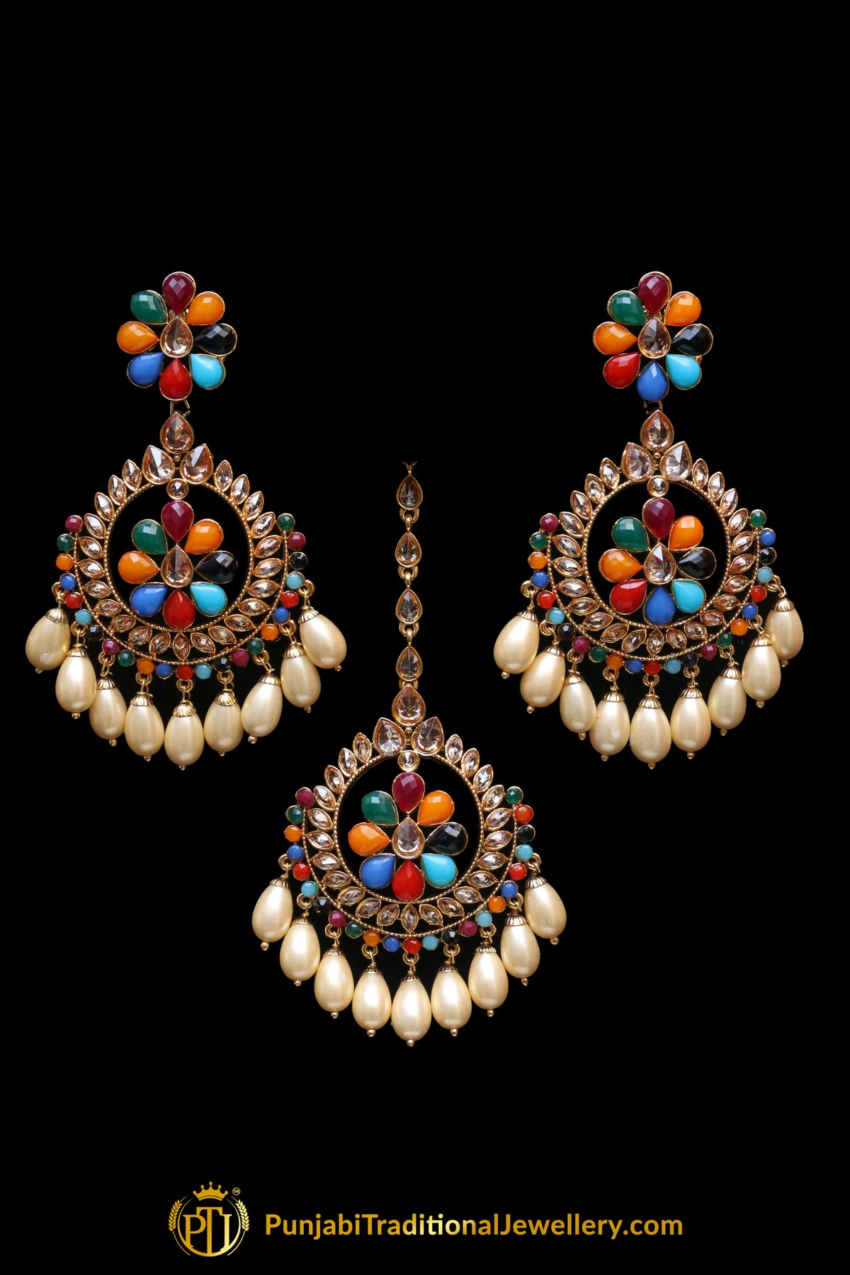 Multi Polki Earring Tikka Set By Punjabi Traditional Jewellery