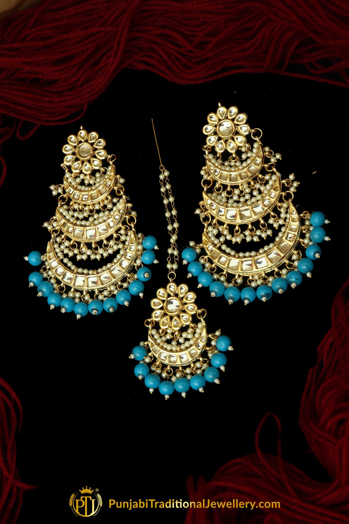 Firozi Kundan Earring Tikka Set By Punjabi Traditional Jewellery