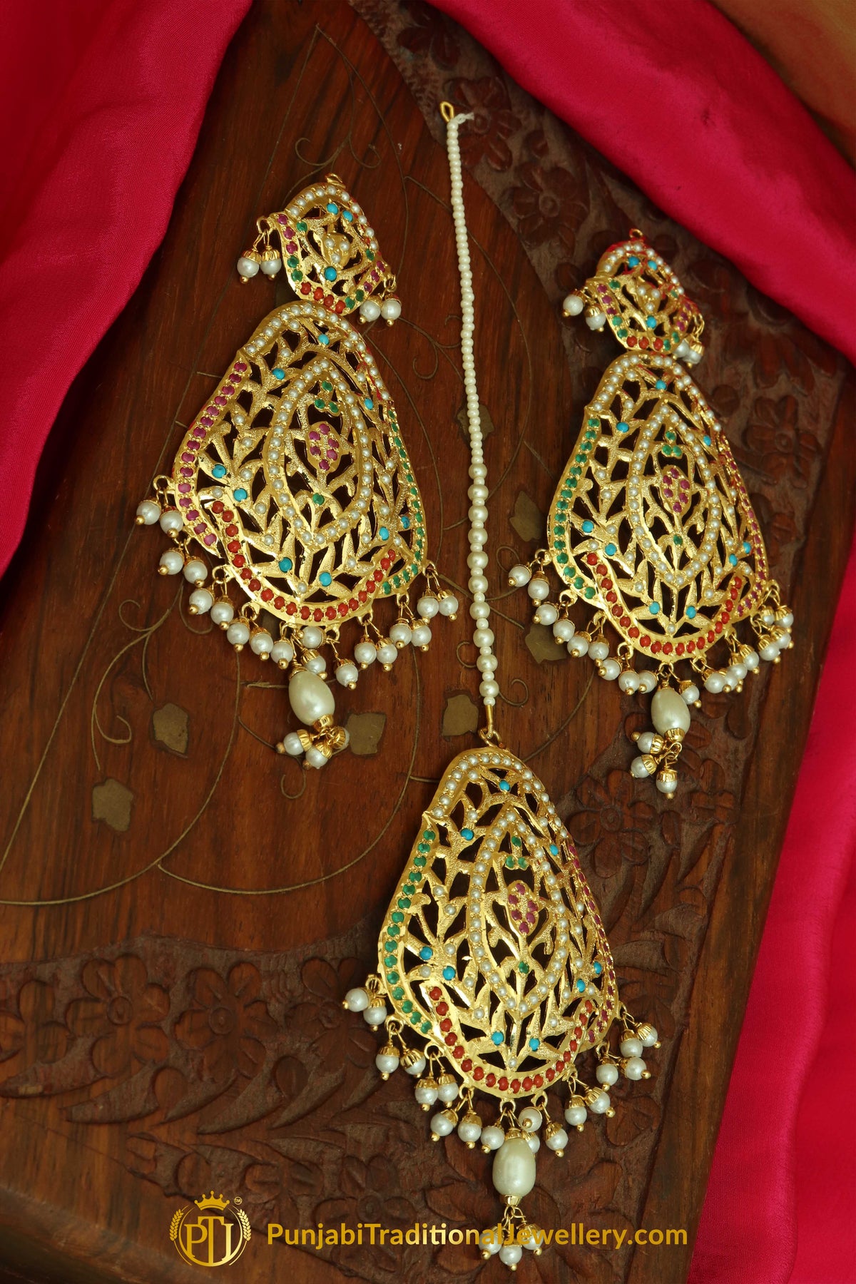 Multi Jadau Pearl Earring Tikka Set By Punjabi Traditional Jewellery