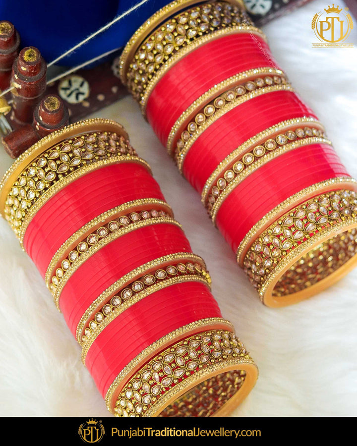 Red Champagne Stone Bridal Chura | Punjabi Traditional Jewellery Exclusive