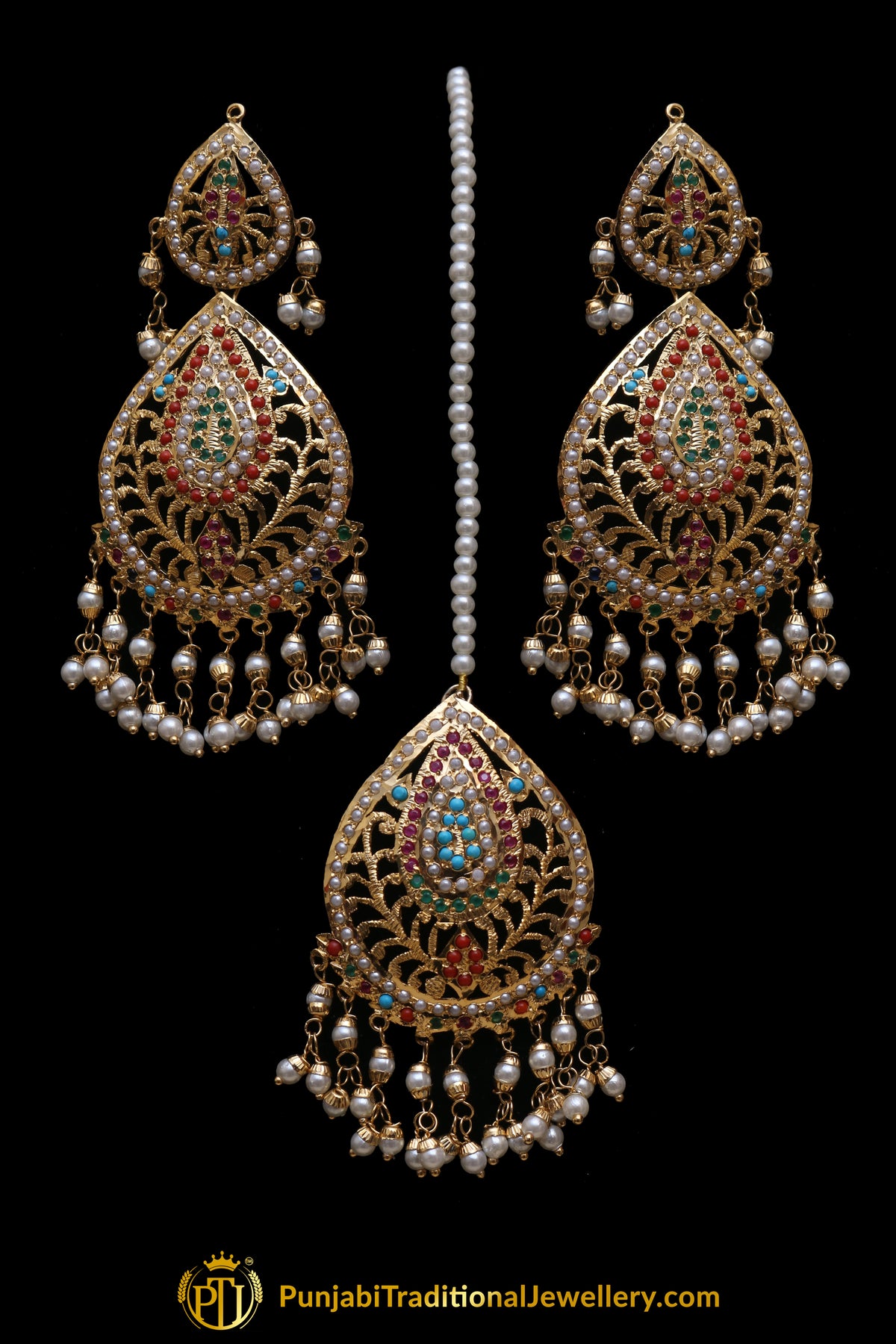 Multi Jadau Pearl Earring Tikka Set By Punjabi Traditional Jewellery