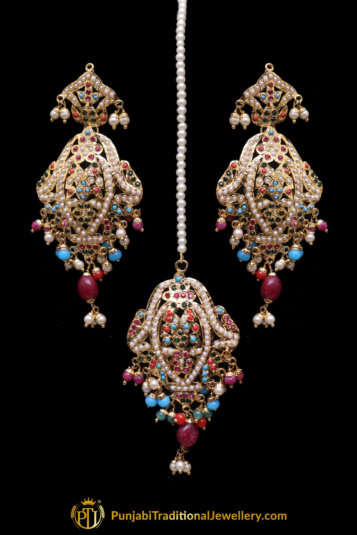 Multi Jadau Pearl Earring Tikka Set By Punjabi Traditional Jewellery