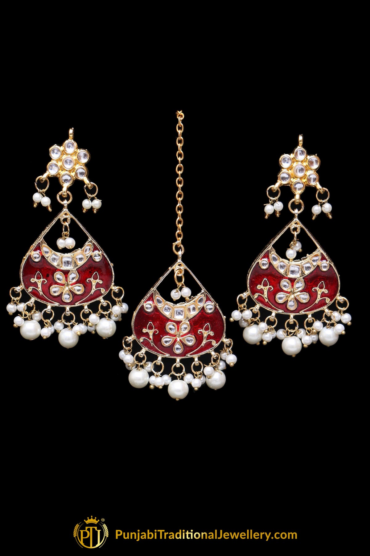 Red Choker Pearl Kundan Meena Necklace Set By Punjabi Traditional Jewellery