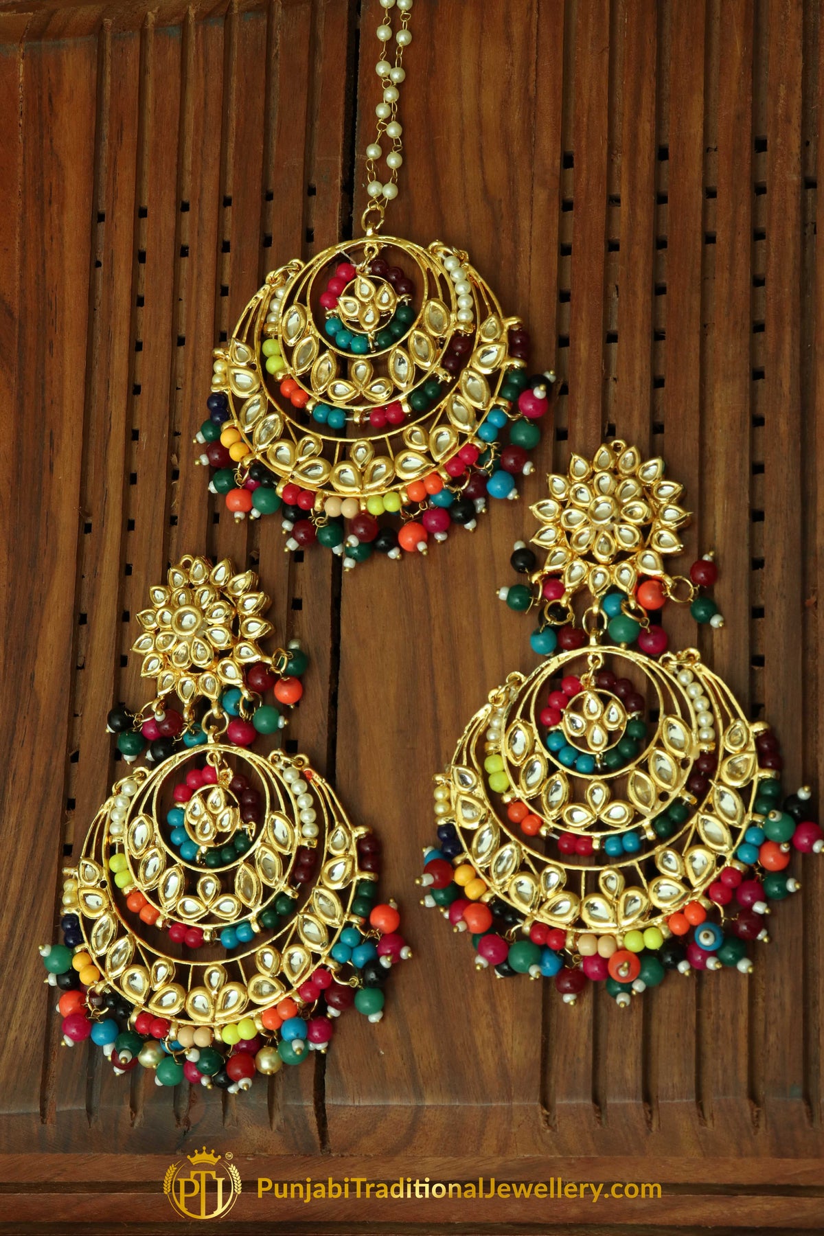 Multi Kundan Earring Tikka Set By Punjabi Traditional Jewellery