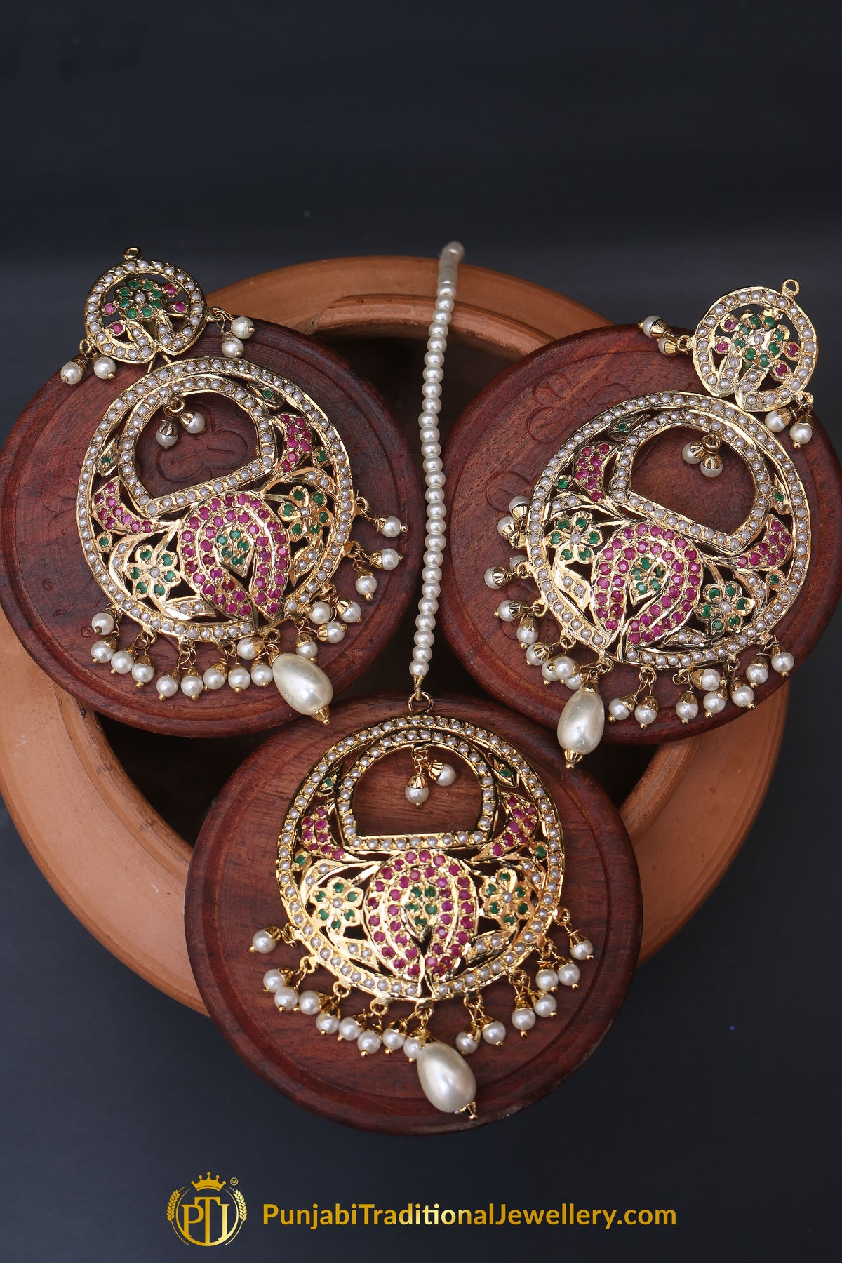 Multi Jadau Pearl Earring Tikka Set By Punjabi Traditional Jewellery