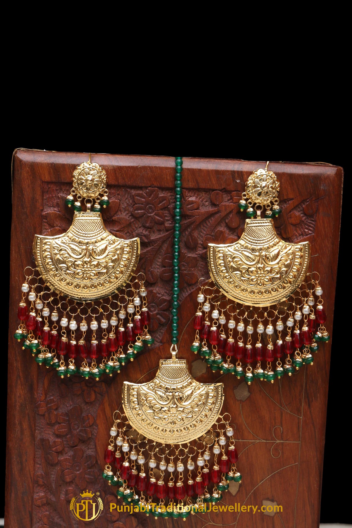 Red Green Pearl Earring Tikka Set By Punjabi Traditional Jewellery