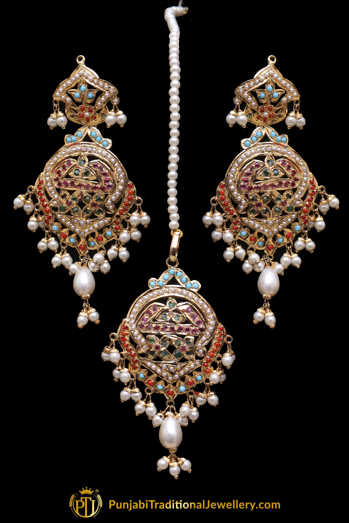 Multi Jadau Pearl Earring Tikka Set By Punjabi Traditional Jewellery