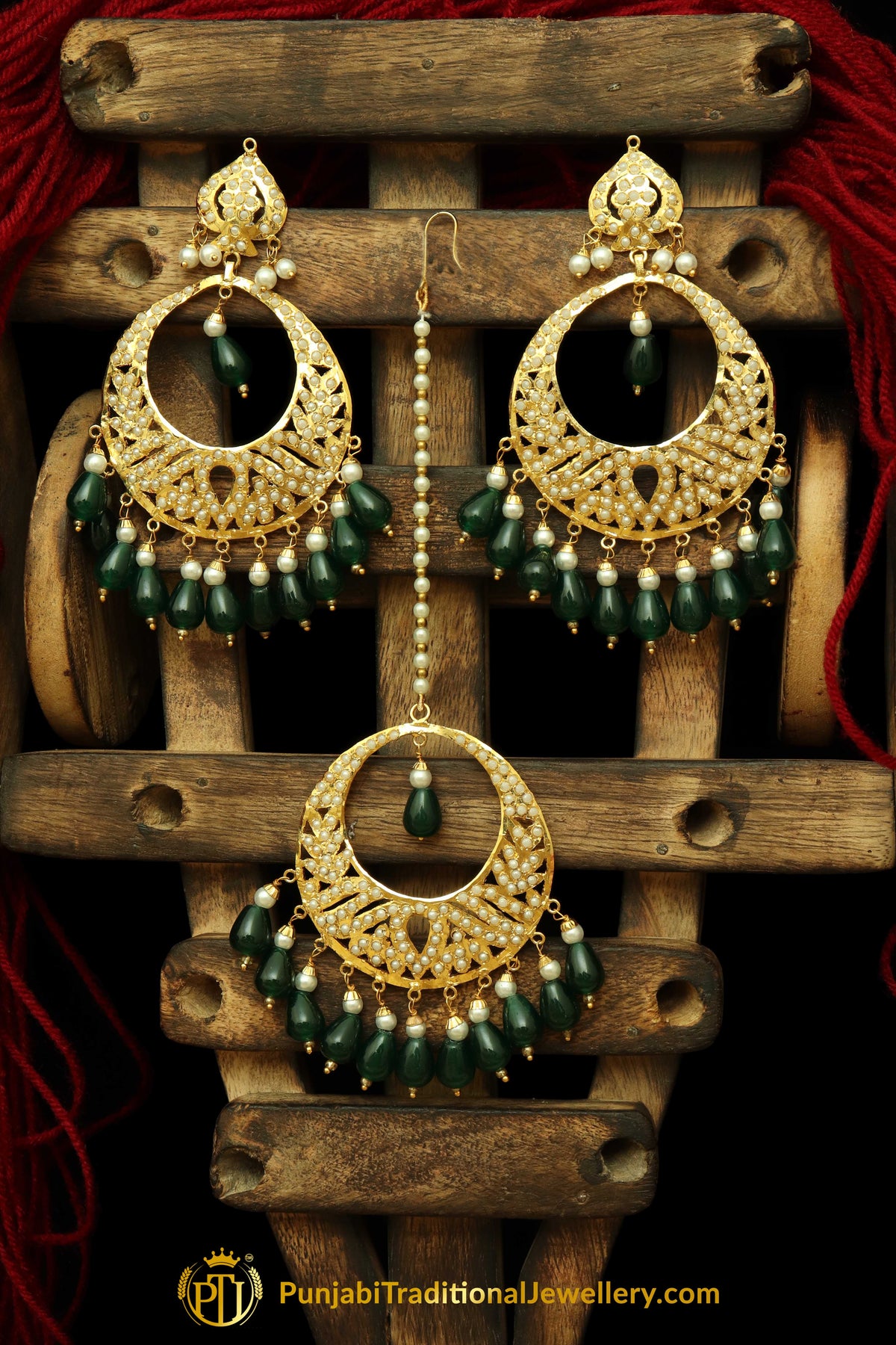 Green Jadau Earrings Tikka Set By Punjabi Traditional Jewellery