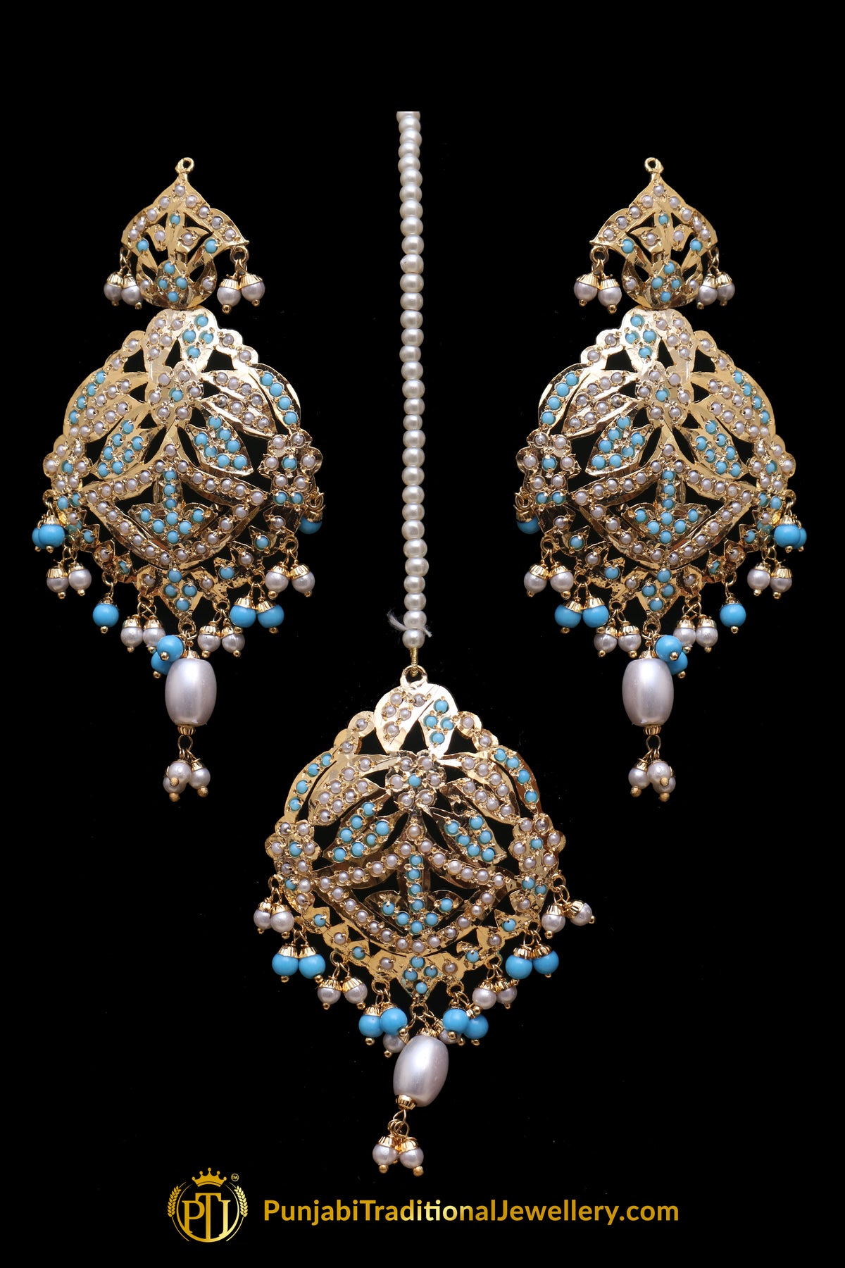 Firozi Jadau Pearl Earring Tikka Set By Punjabi Traditional Jewellery