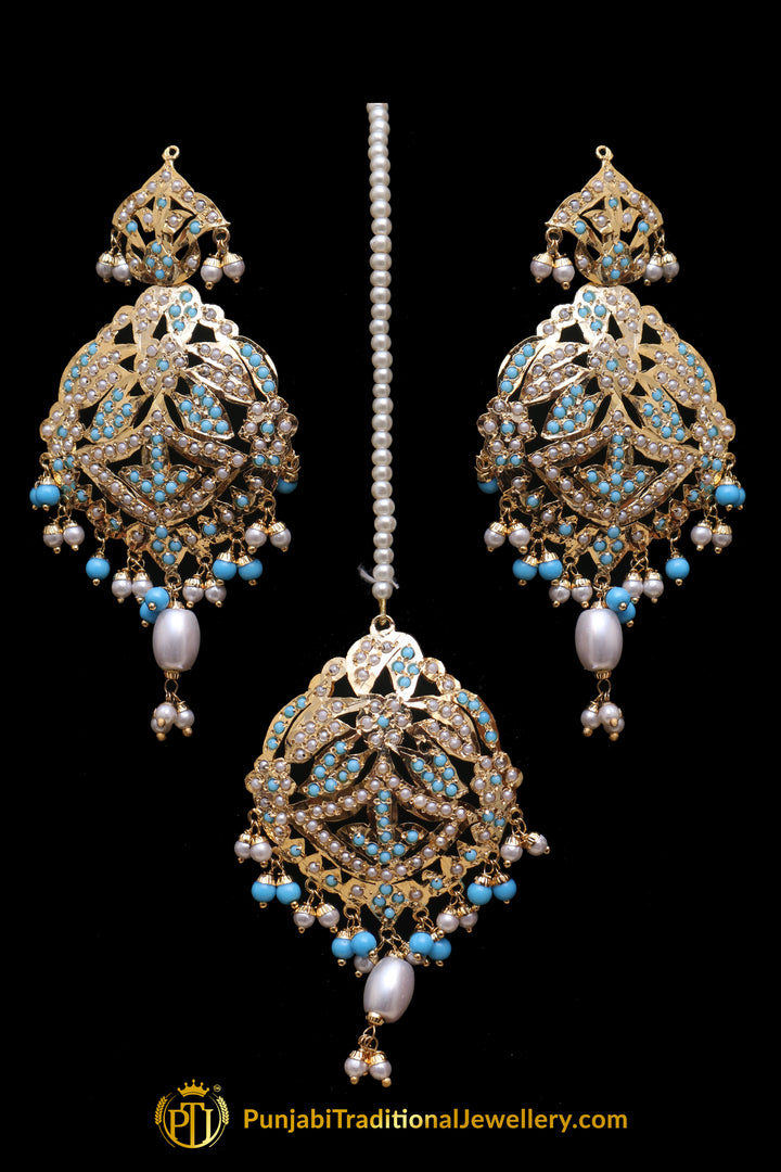 Firozi Jadau Pearl Earring Tikka Set By Punjabi Traditional Jewellery
