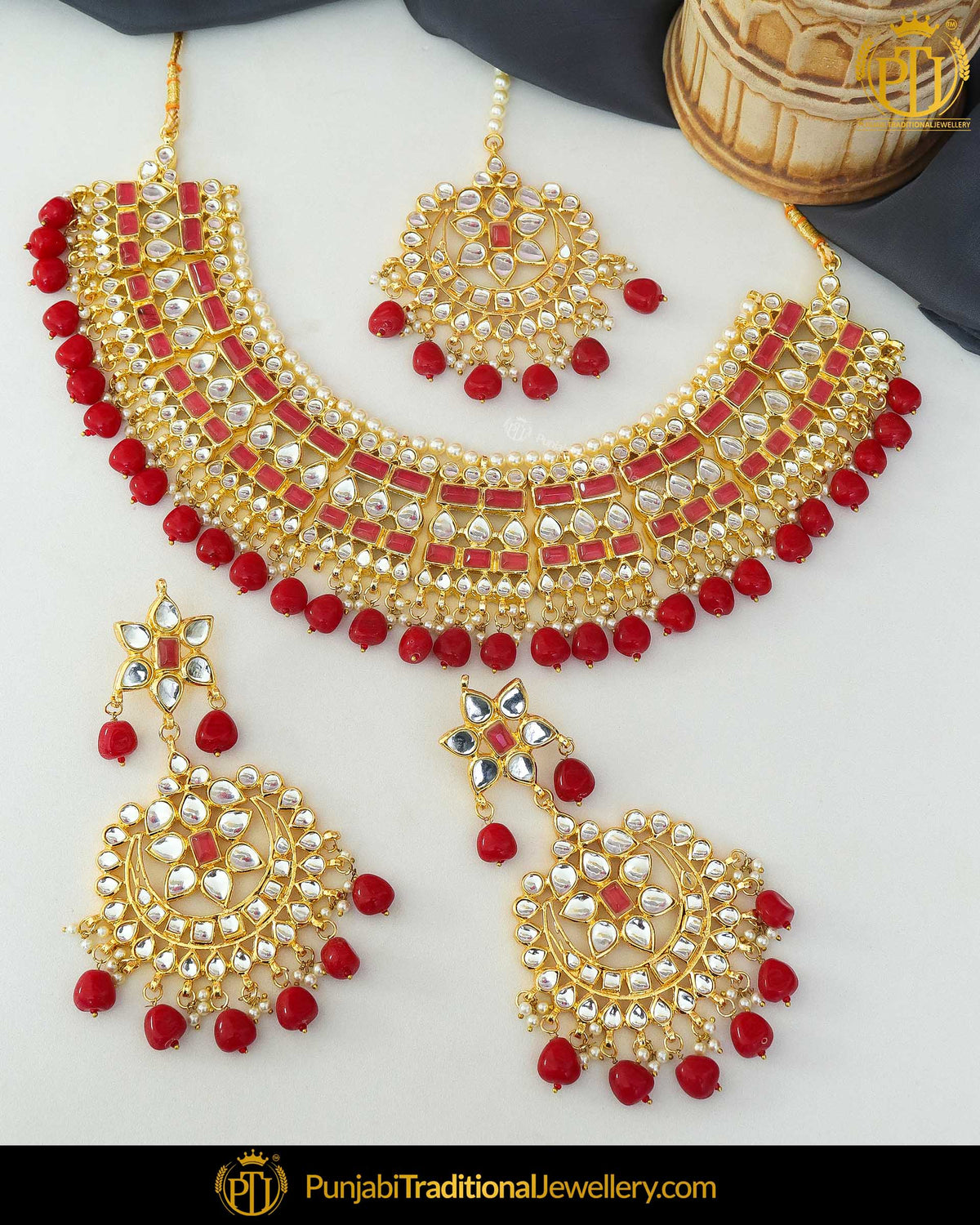 Gold Finished Rubby Kundan & Pearl Necklace Set | Punjabi Traditional Jewellery Exclusive