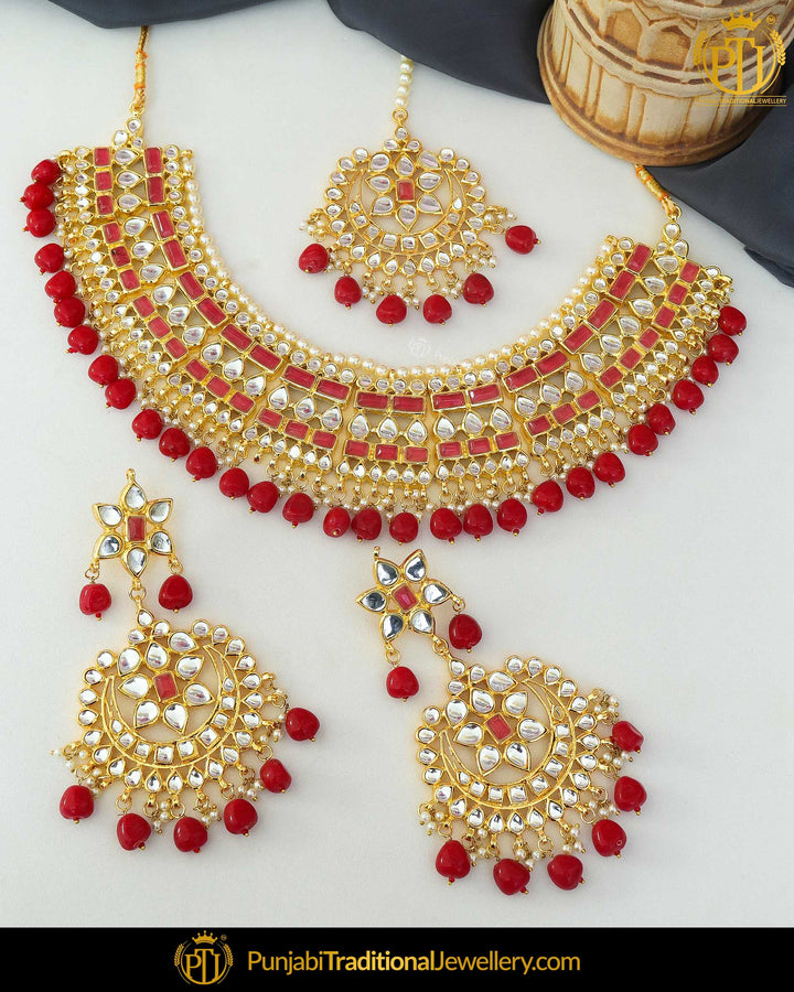 Gold Finished Rubby Kundan & Pearl Necklace Set | Punjabi Traditional Jewellery Exclusive