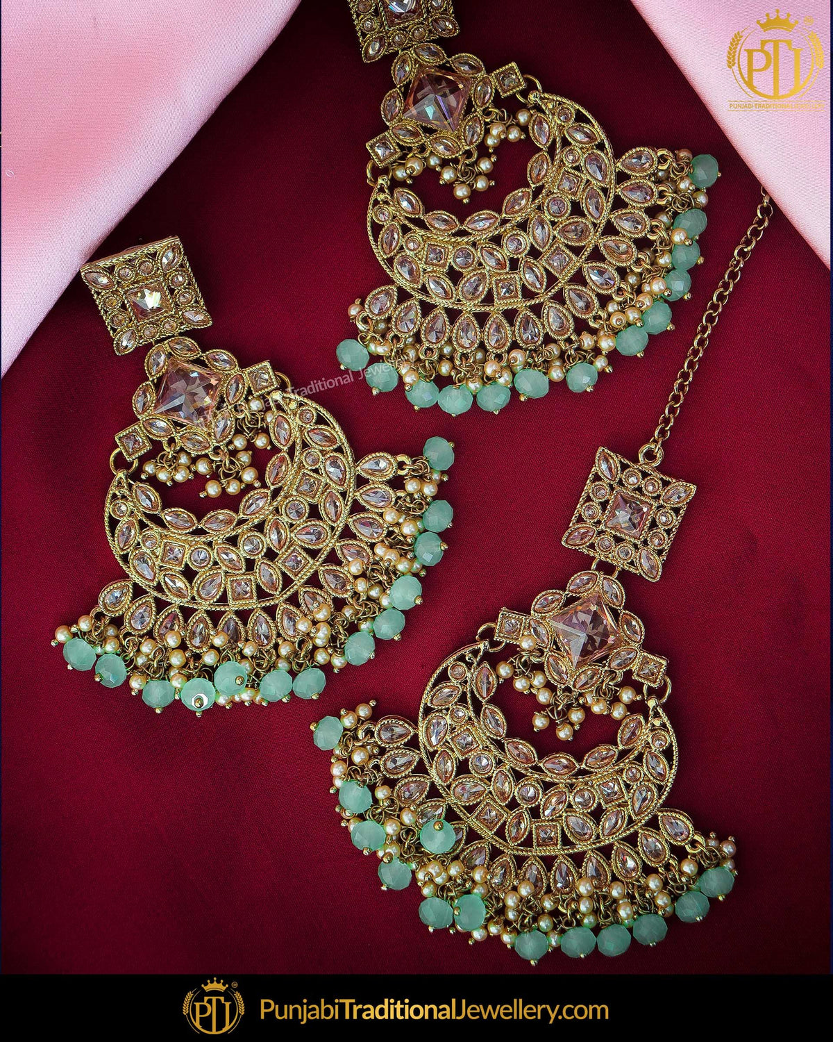Gold Finished Firozi Champange Stone Earring Tikka Set | Punjabi Traditional Jewellery Exclusive