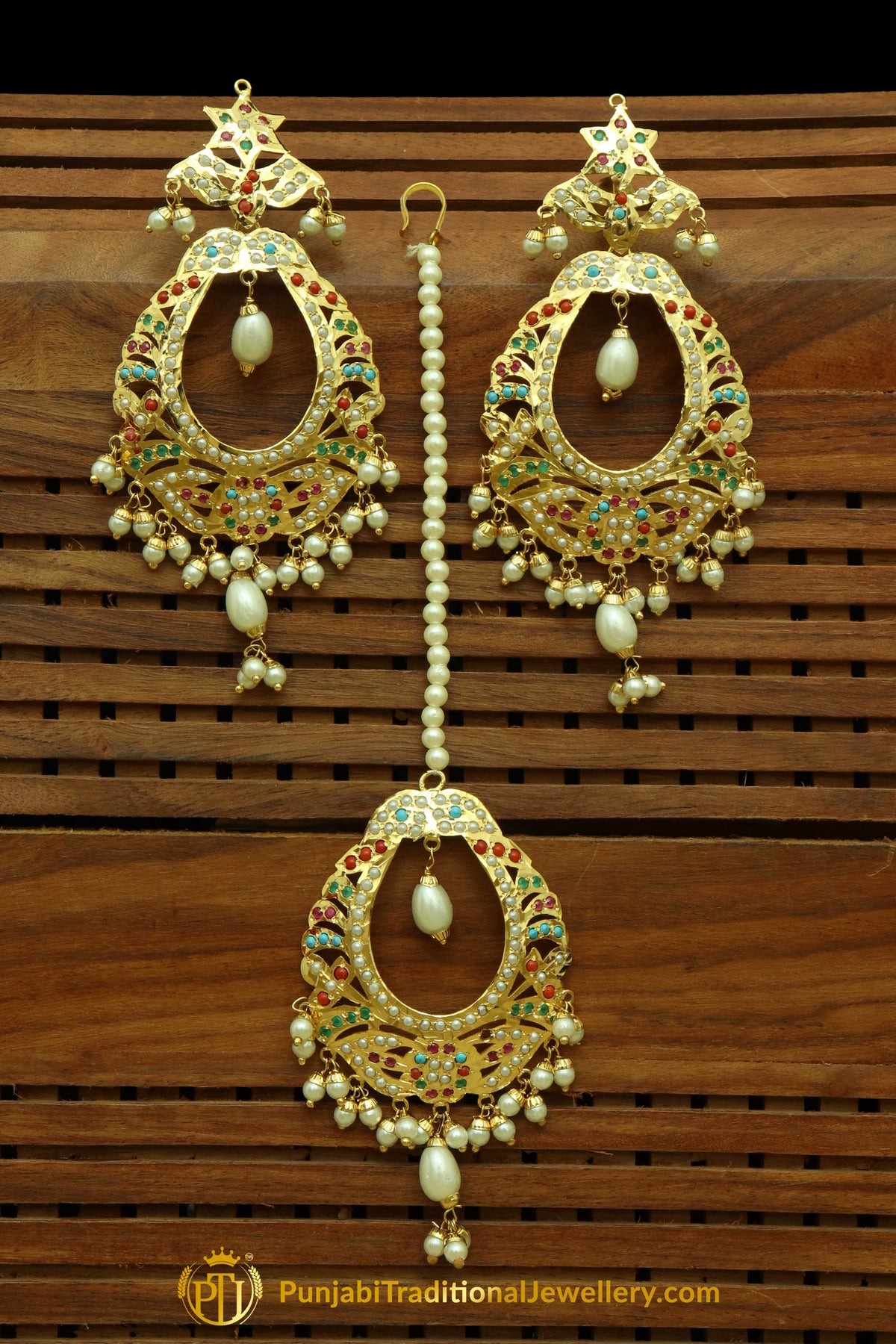 Gold Finished Navratan Jadau Earring Tikka Set By Punjabi Traditional Jewellery