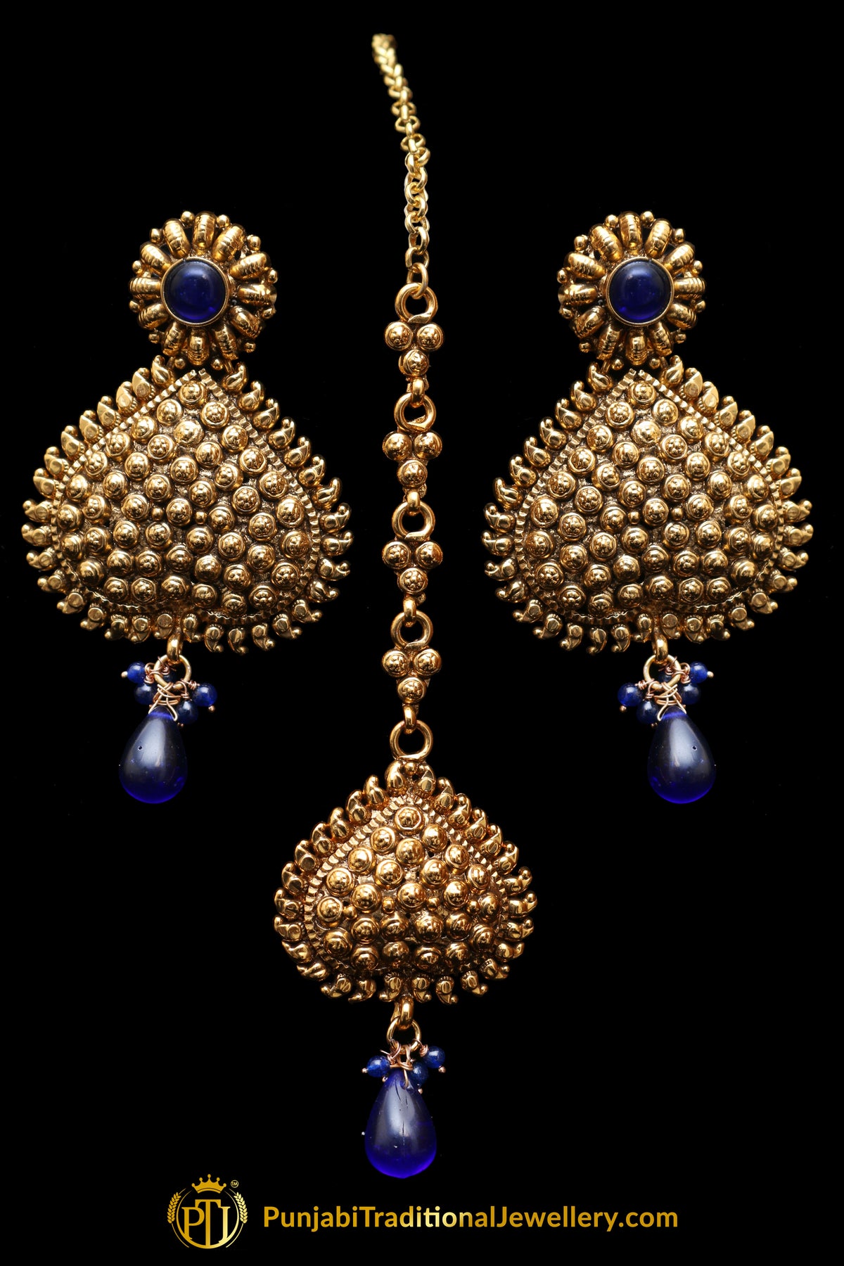 Blue Antique Gold Earring Tikka Set By Punjabi Traditional Jewellery