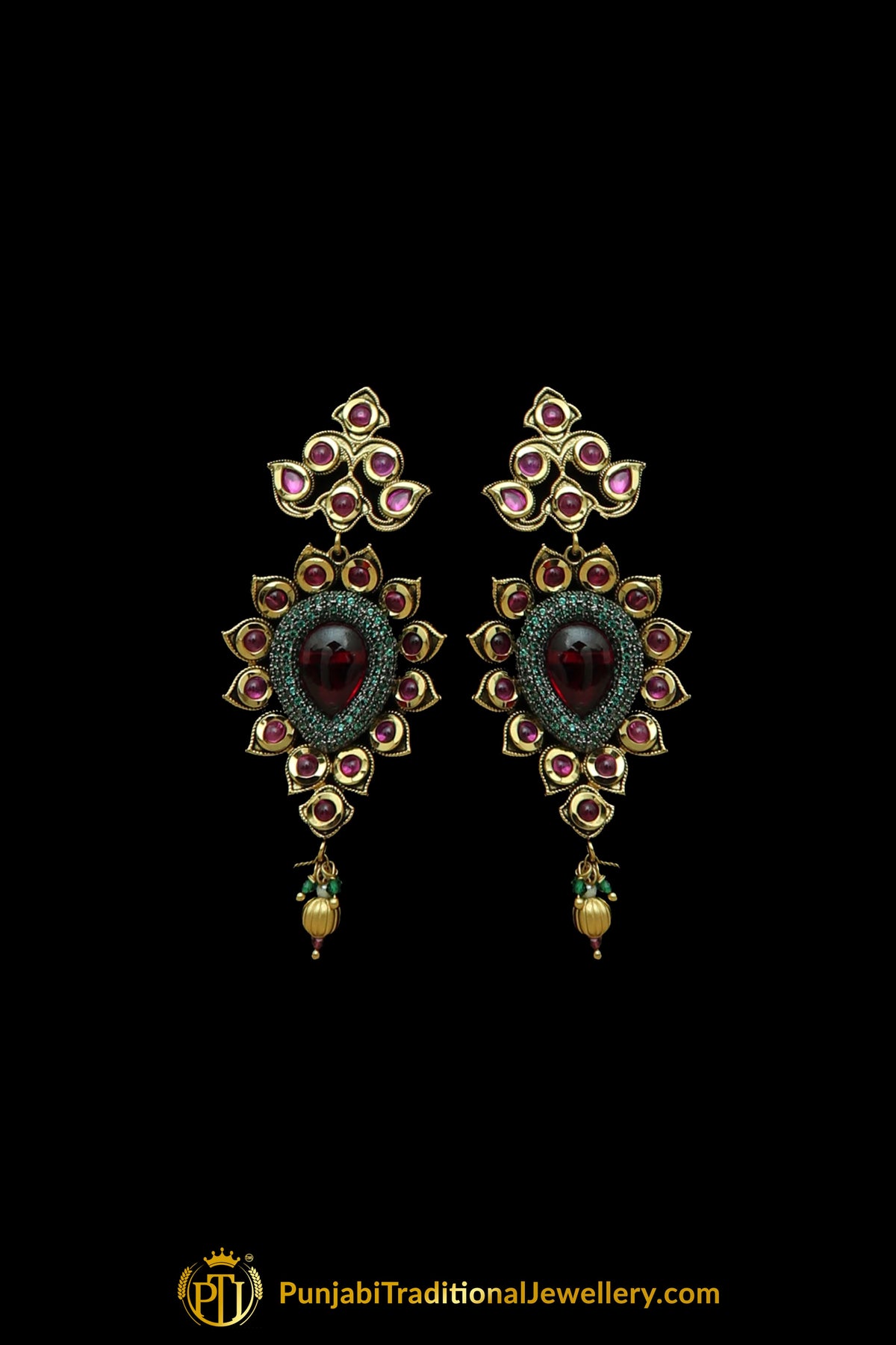 Rani Green Polki Necklace Set By Punjabi Taditional Jewellery