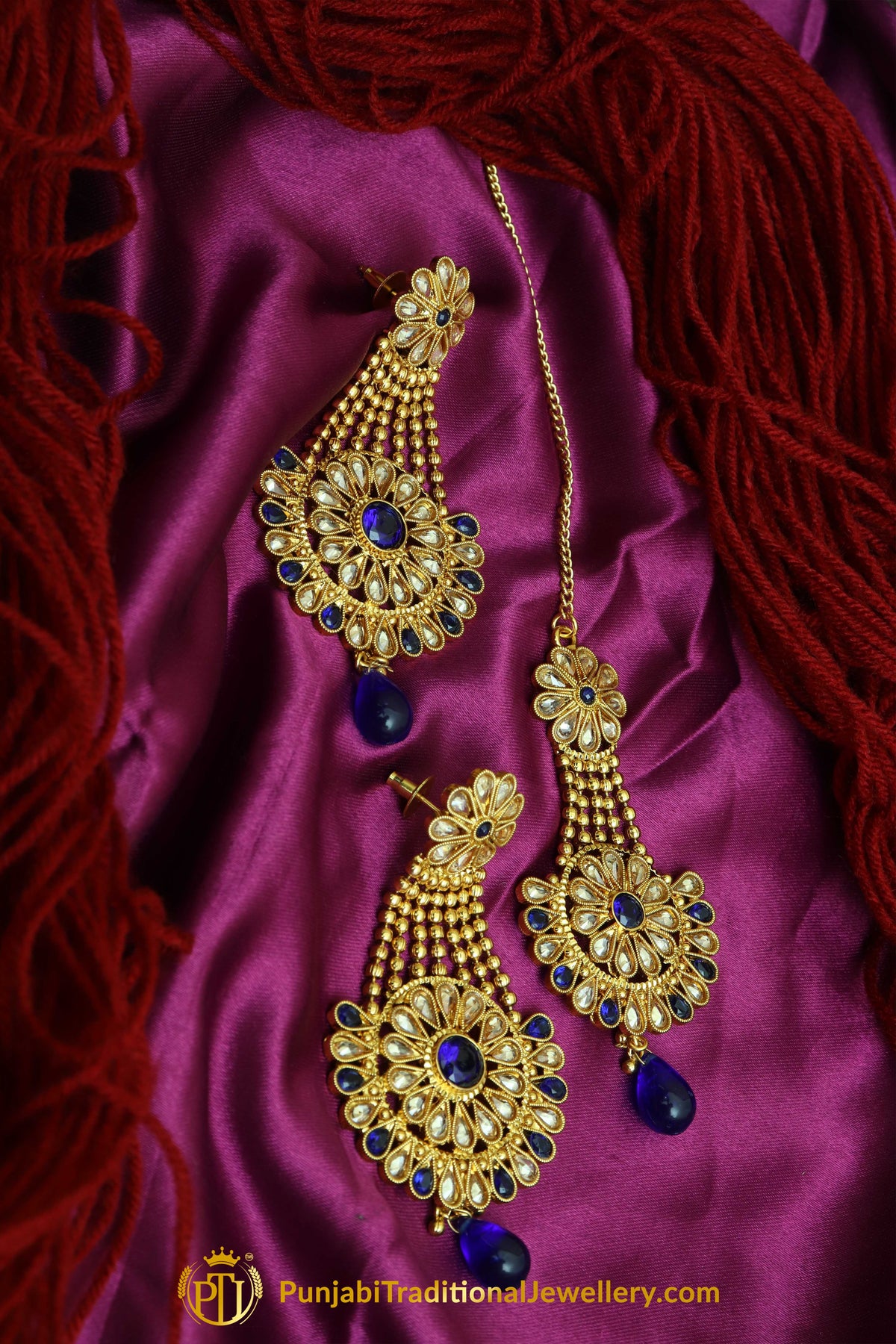 Blue Polki Earring Tikka Set By Punjabi Traditional Jewellery