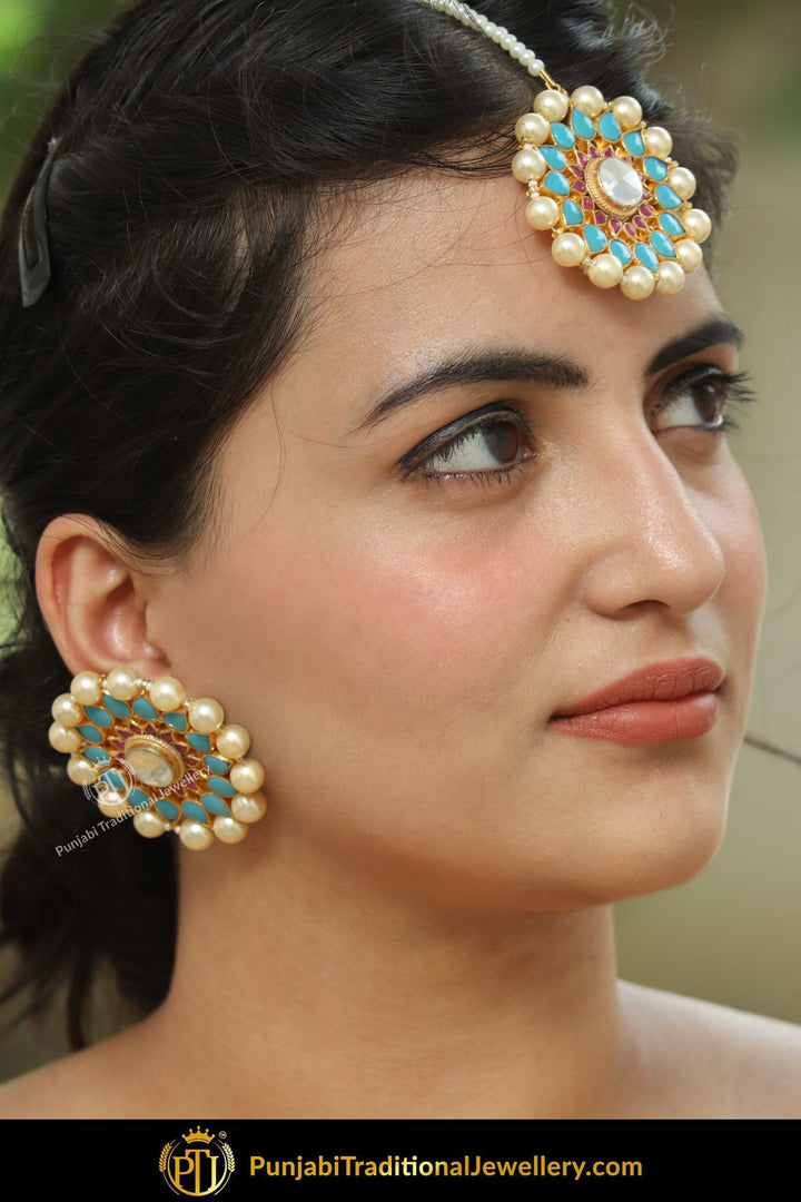 laira Gold Finished Pearl Firozi Stud Earring Tikka Set | Punjabi Traditional Jewellery Exclusive