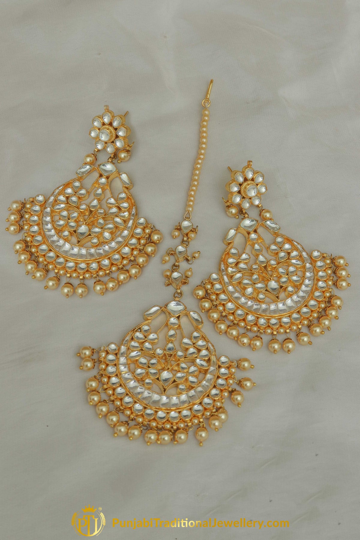 Golden Kundan Pearl Earring Tikka Set | Punjabi Traditional Jewellery Exclusive