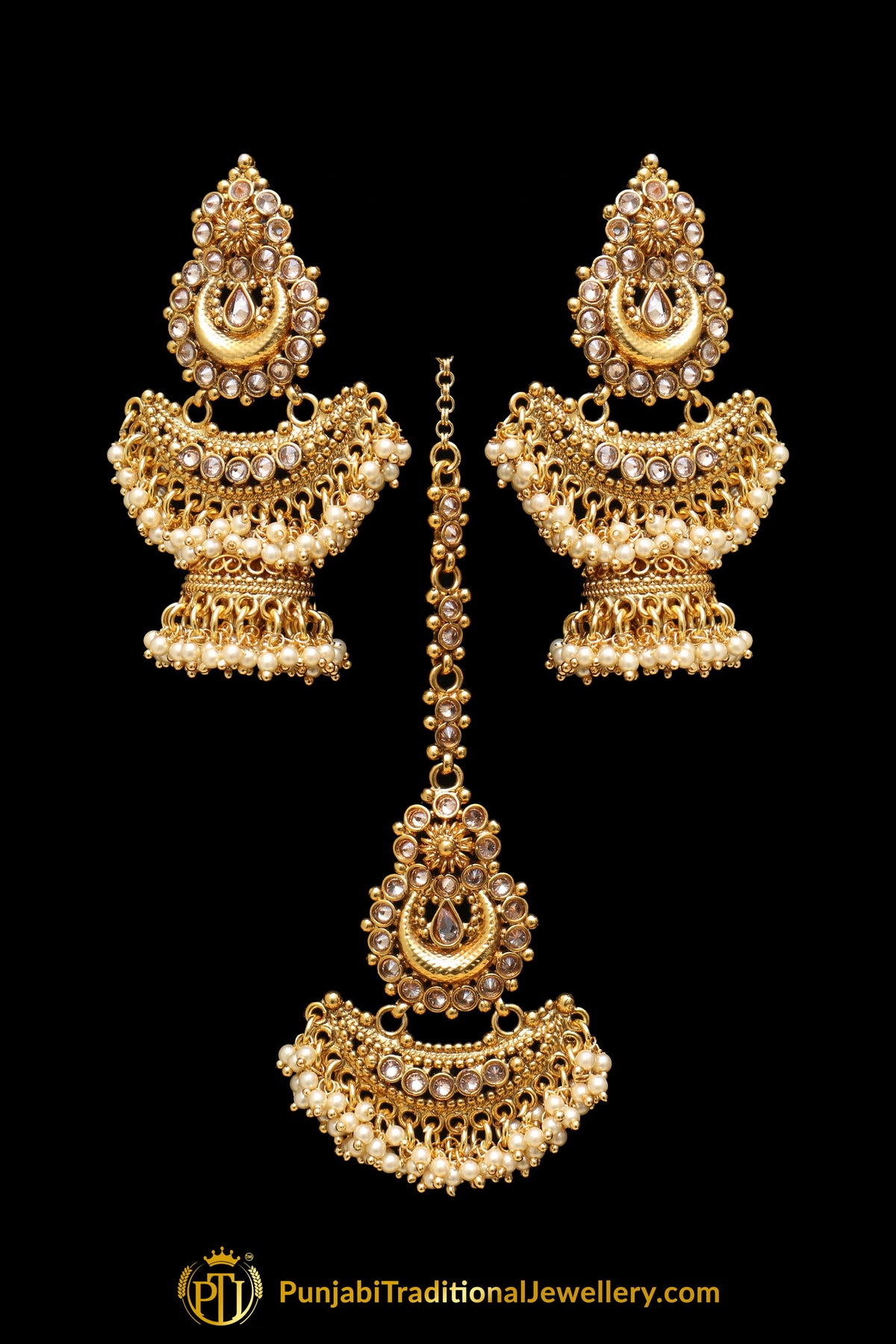 Antique Gold Champagne Stone Pearl Earring Tikka Set By Punjabi Traditional Jewellery