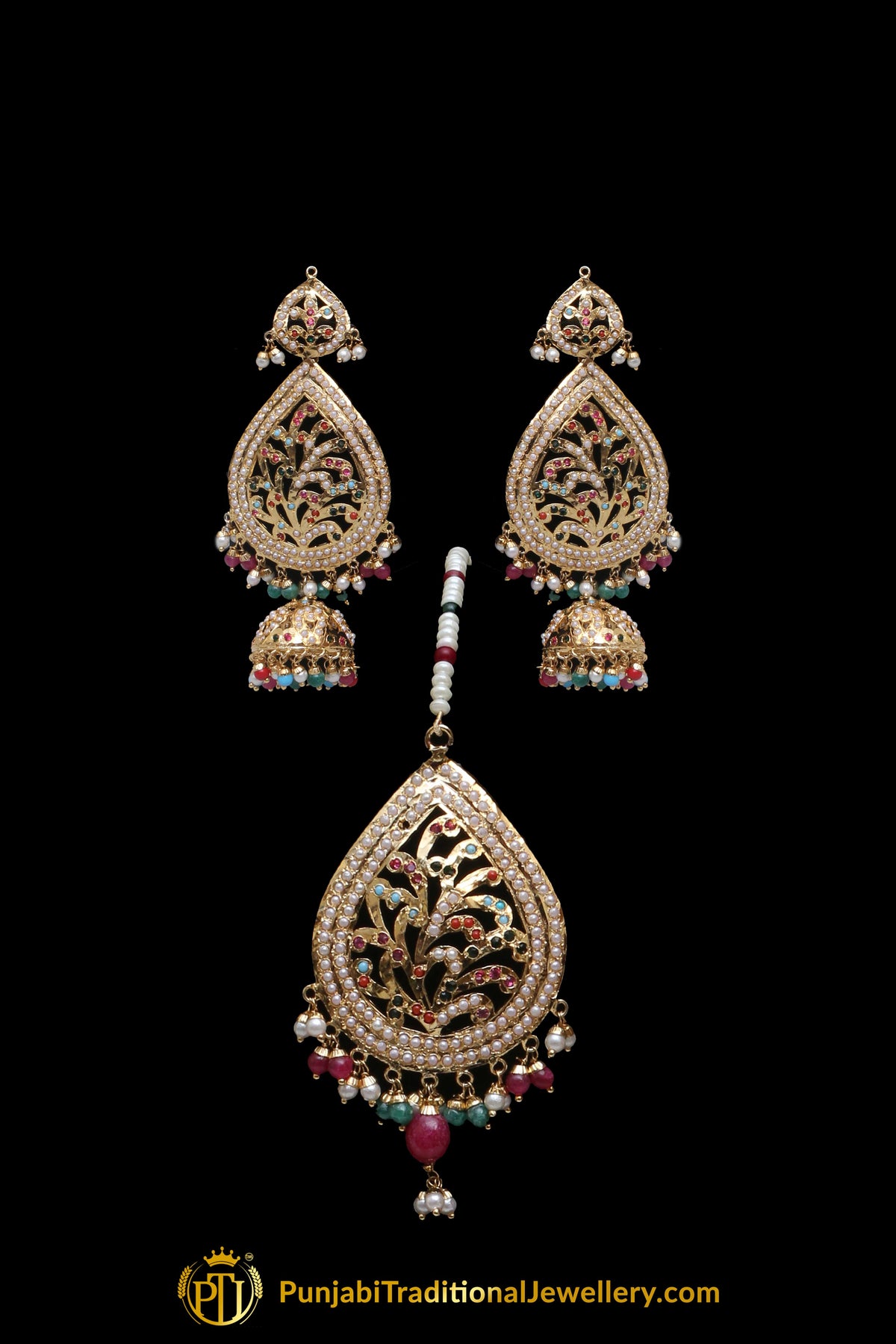 Multi Jadau Pearl Necklace Set By Punjabi Traditional Jewellery