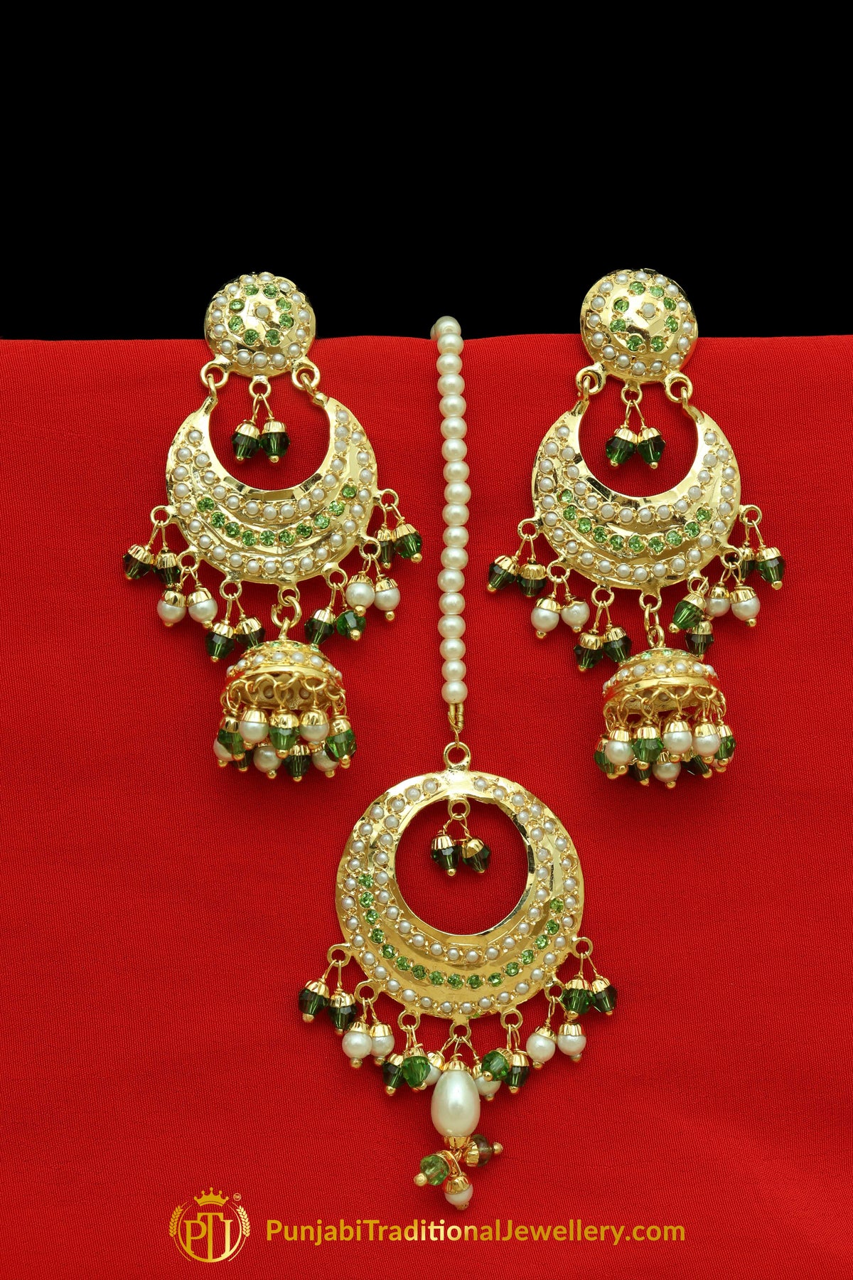 Green Jadau Pearl Earring Tikka Set By Punjabi Traditional Jewellery