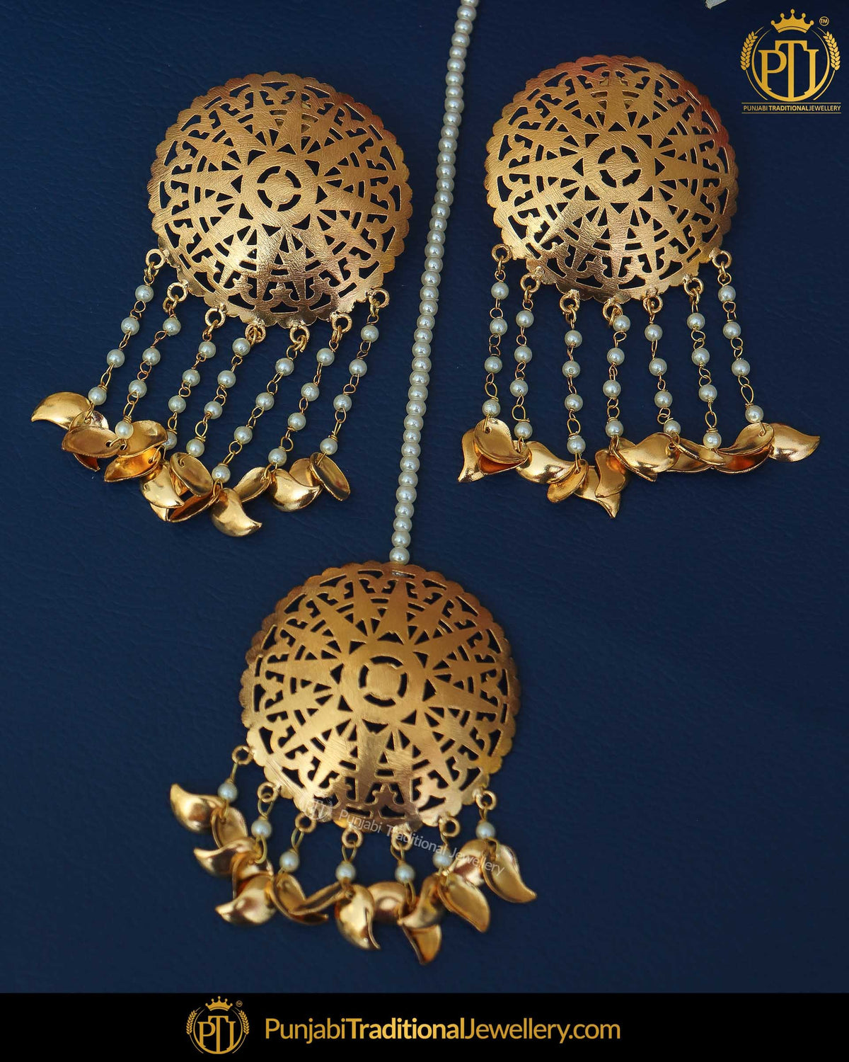 Gold Finished Pippal Patti & Stud Pearl Earrings & Tikka Set | Punjabi Traditional Jewellery Exclusive